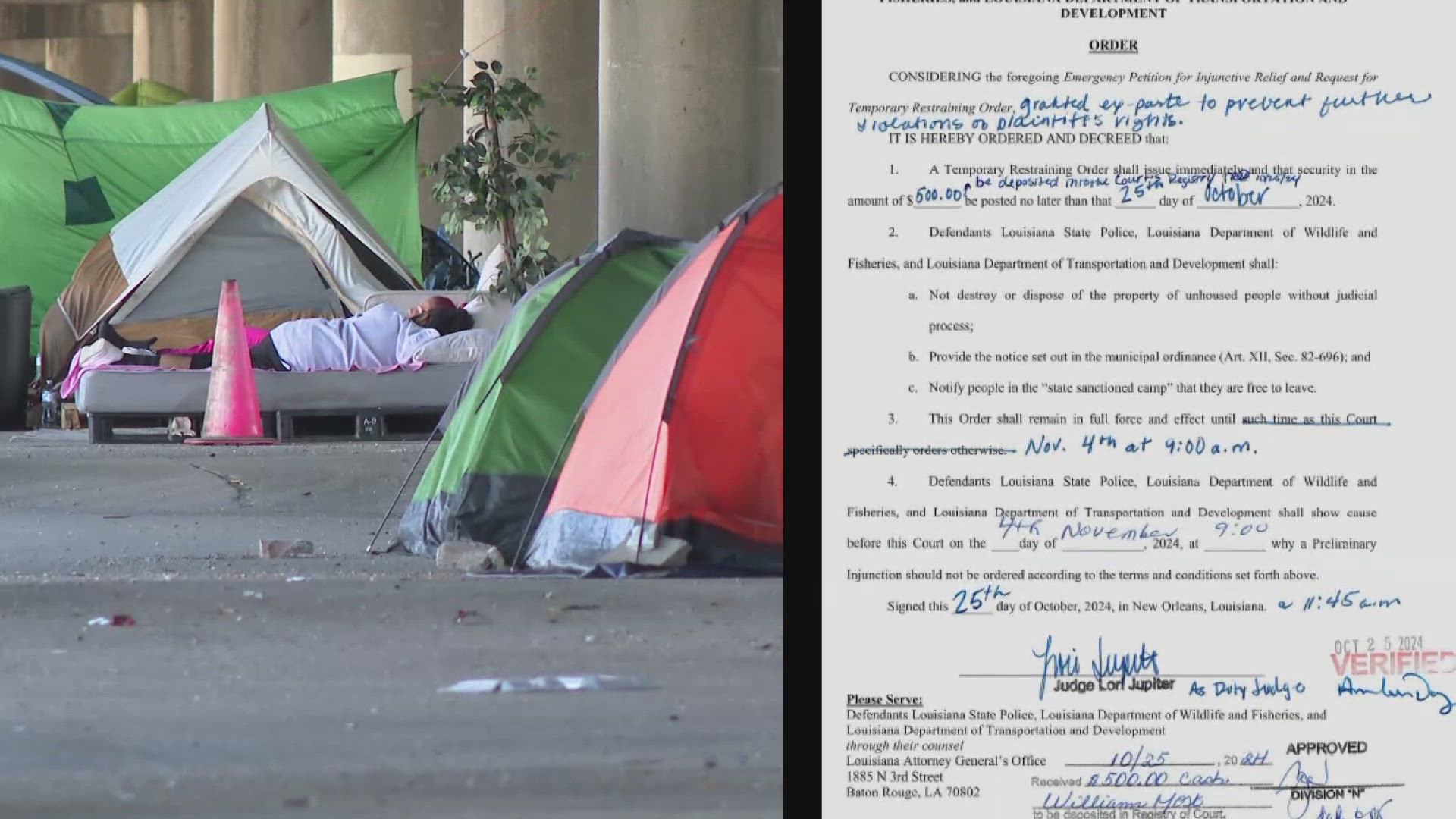 A judge pressed pause on the sweeps until a hearing can be held on whether the action violates the constitutional rights of the unhoused community.