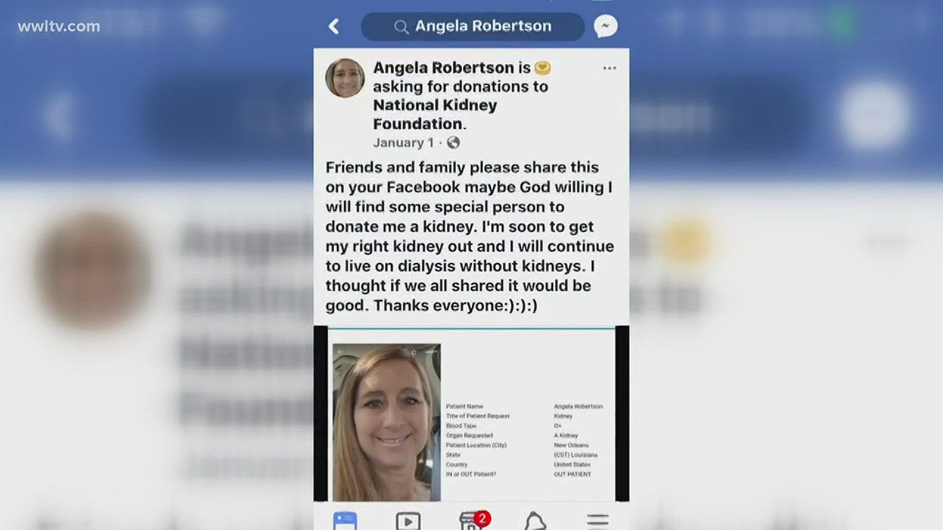Angela Robertson's life was saved through Facebook and the generosity of a stranger.