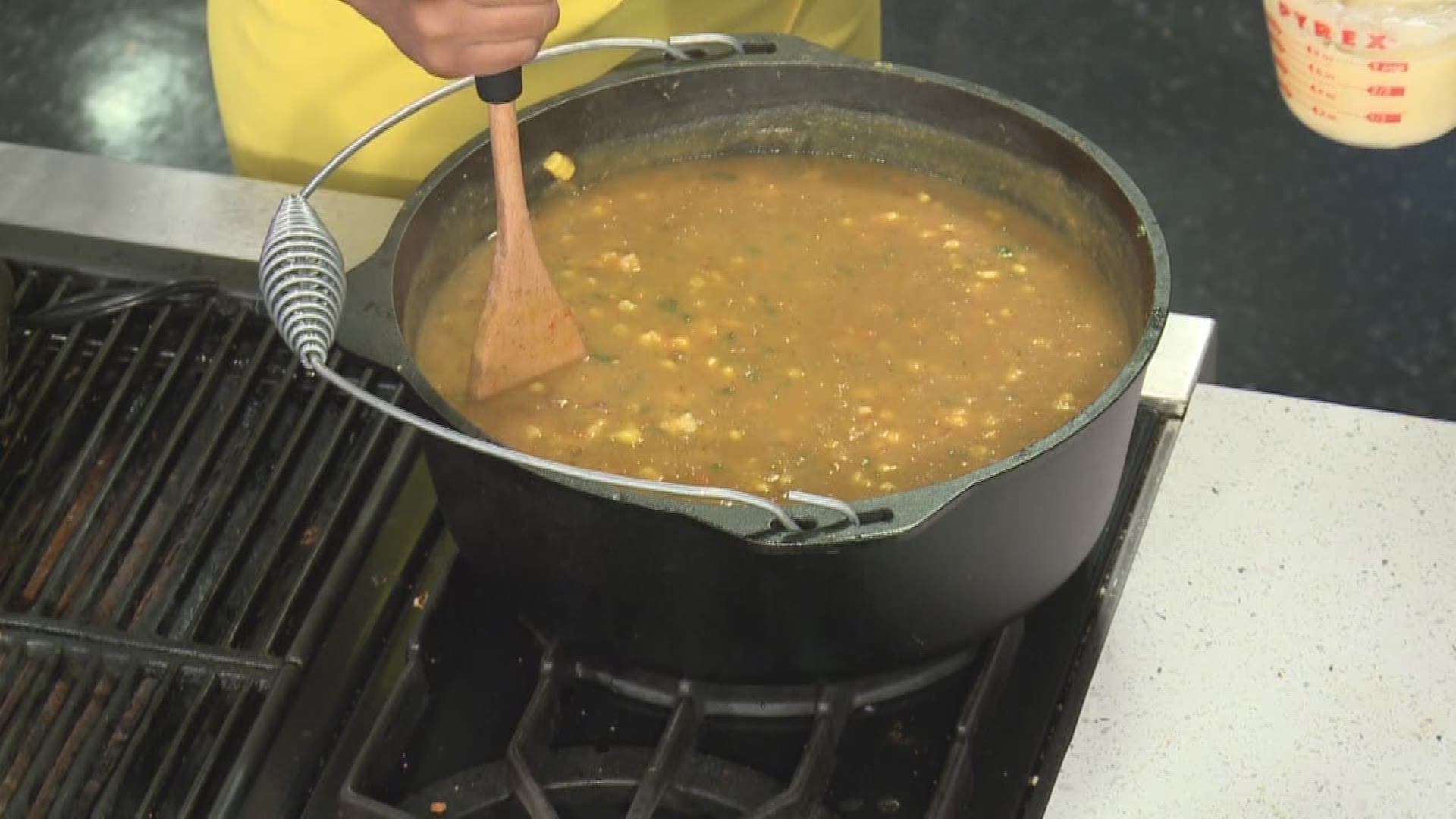 Chef Kevin Belton shows us how to make a cheesy corn and potato chowder.