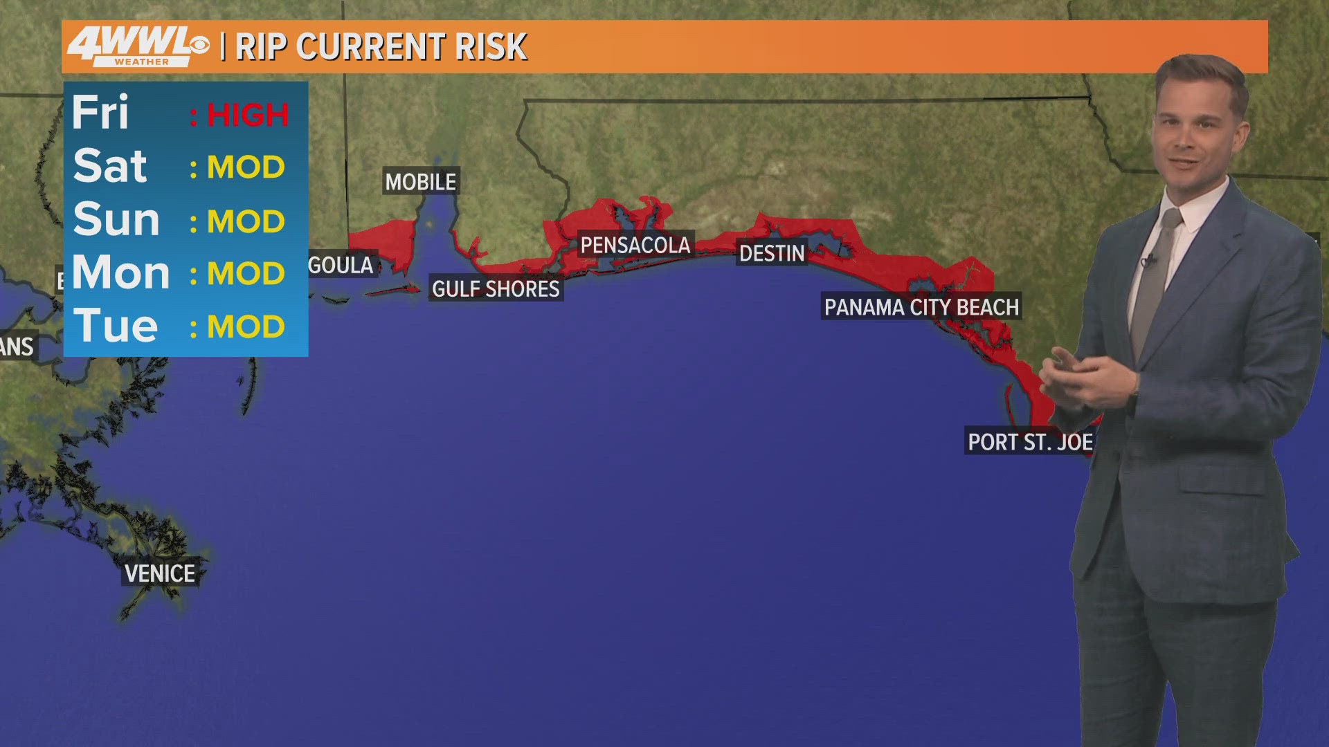 Meteorologist Payton Malone says there is a rip current risk in Gulf Coast waters along the beach for the weekend.