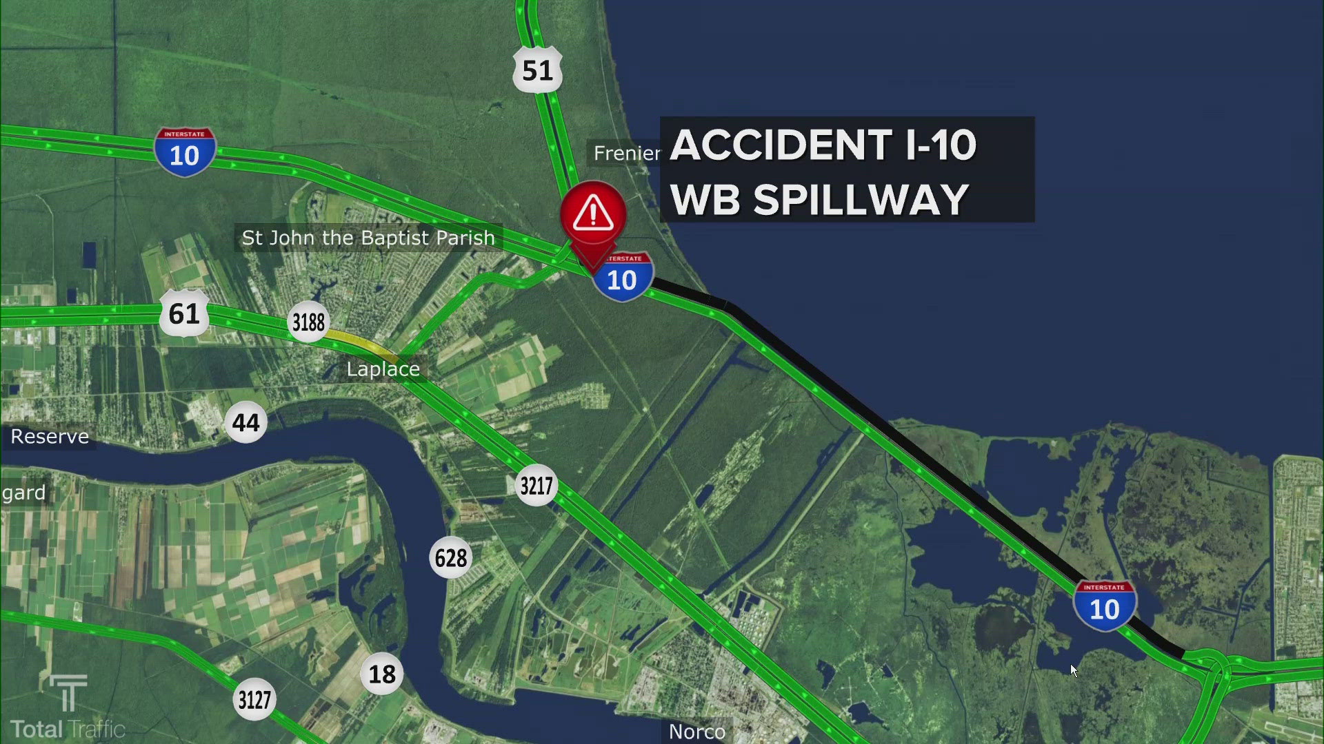 Interstate 10 westbound is closed on the Spillway Bridge due to a crash involving an 18-wheeler.