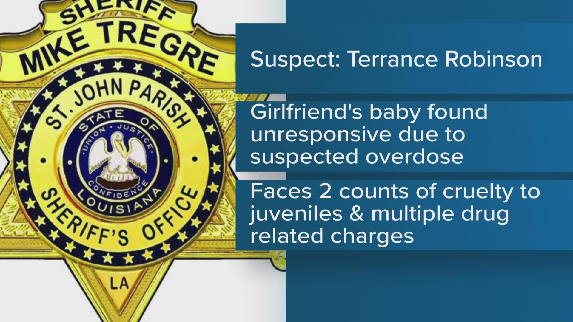 Laplace man arrested in suspected drug overdose of a 1-year-old child according to the St. John the Baptist Parish Sheriff's Office.