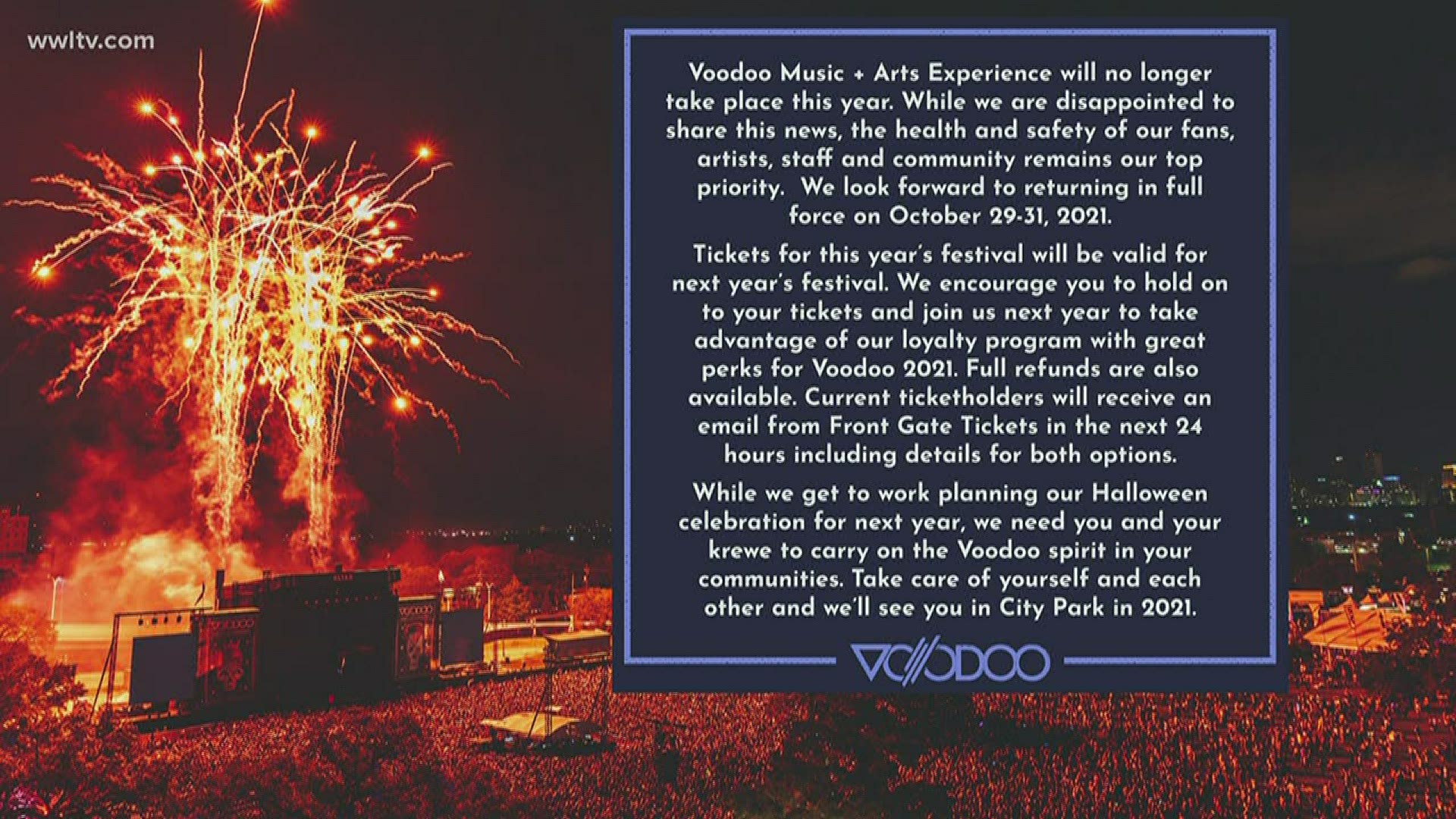 The Voodoo Music + Arts Experience has cancelled its 2020 festival, the latest major event in New Orleans to do so because of the coronavirus pandemic.