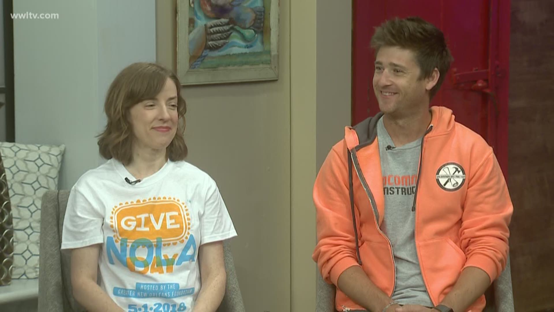 Host of Give Nola, Erin Mcquade Wright from the Greater New Orleans Foundation and participant Aaron Frumin with Uncommon Construction, talks about the success of Give NOLA Day.