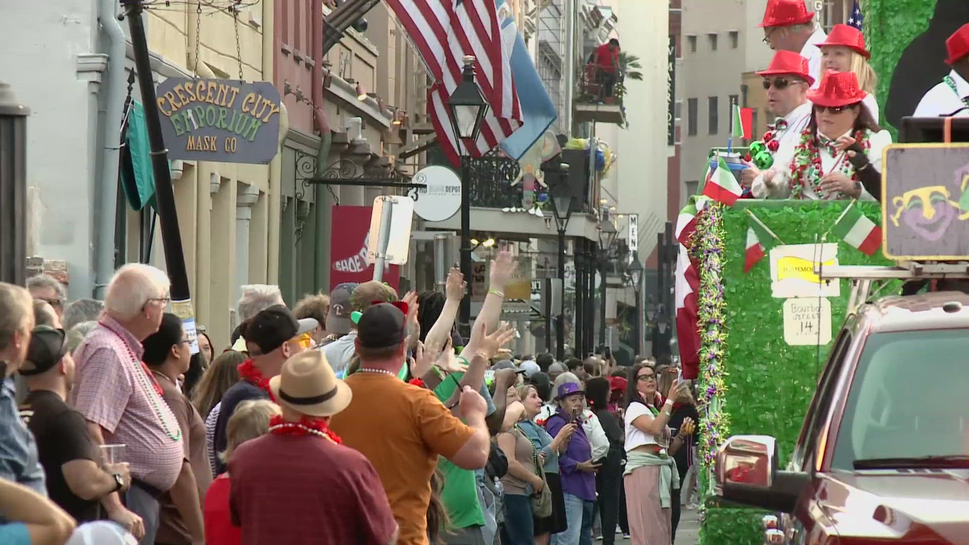 Paradegoers gathered in the French Quarter hoping to catch a lucky Fava bean. WWL's Devin Bartolotta rode as Grand Marshal along with her husband.
