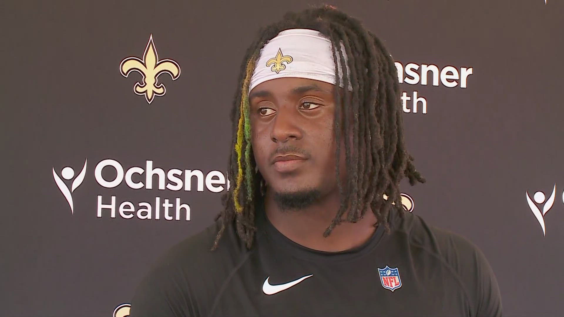 Second-round selection in the 2024 NFL Draft, Kool-Aid McKinstry talks with media following practice on Day 9 of 2024 Saints training camp in California on Saturday.