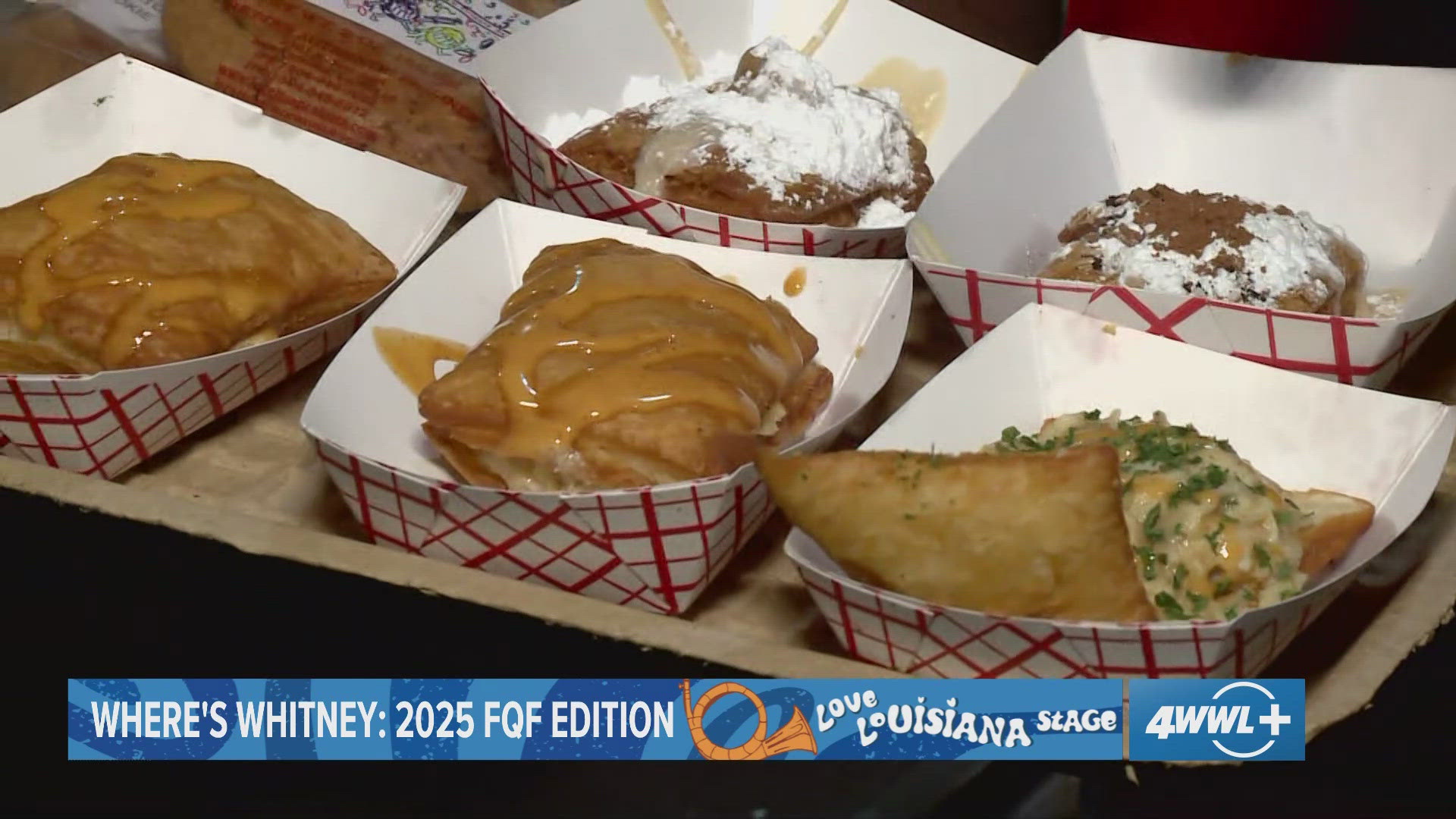 WWL's Whitney Miller tries the beignets at Loretta's at the 2025 French Quarter Festival.