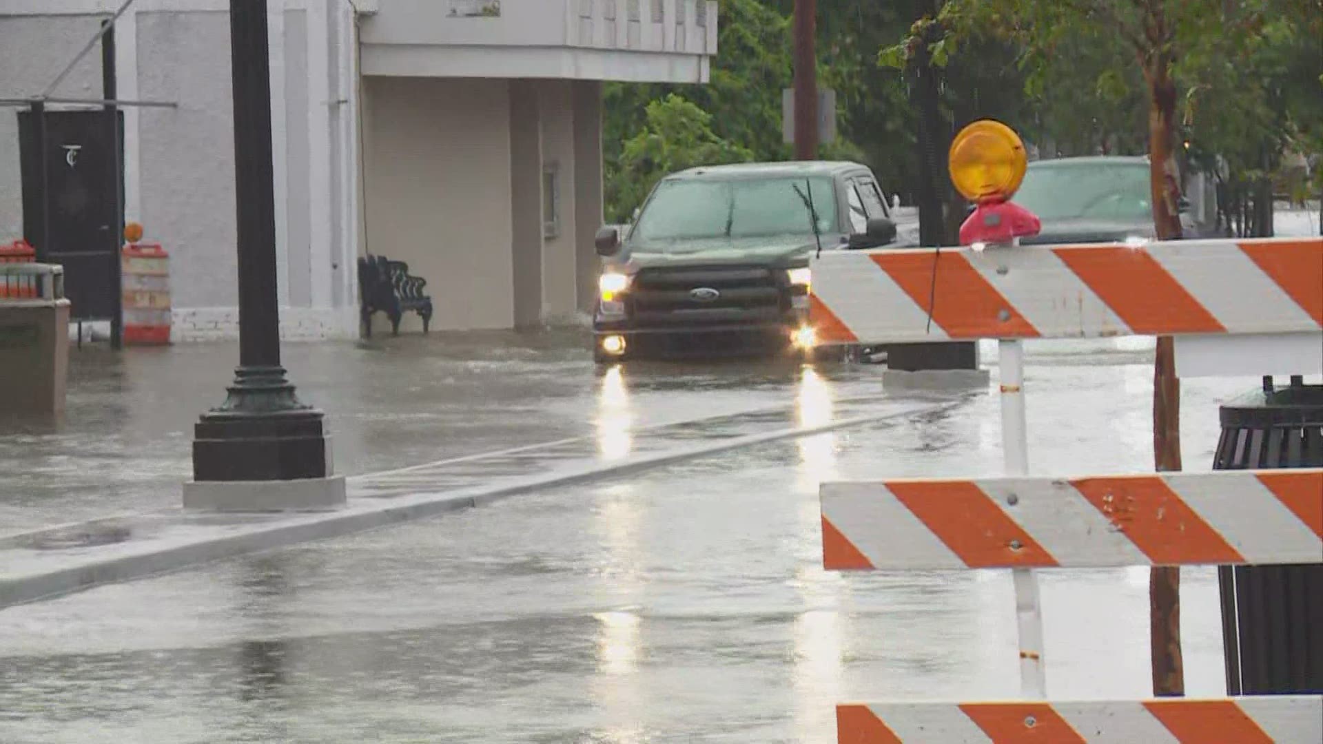 Heavy rain fell in the New Orleans area, including parts of Kenner in Rivertown where traffic was slowed as the water in the road was high.