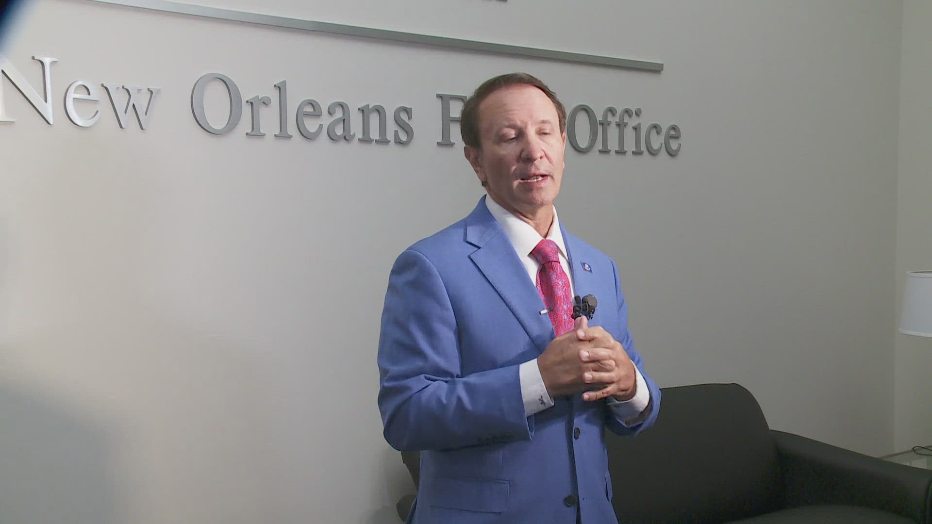 Governor Jeff Landry spoke with reporters after Wednesday’s meeting of the FEMA Review Council. 