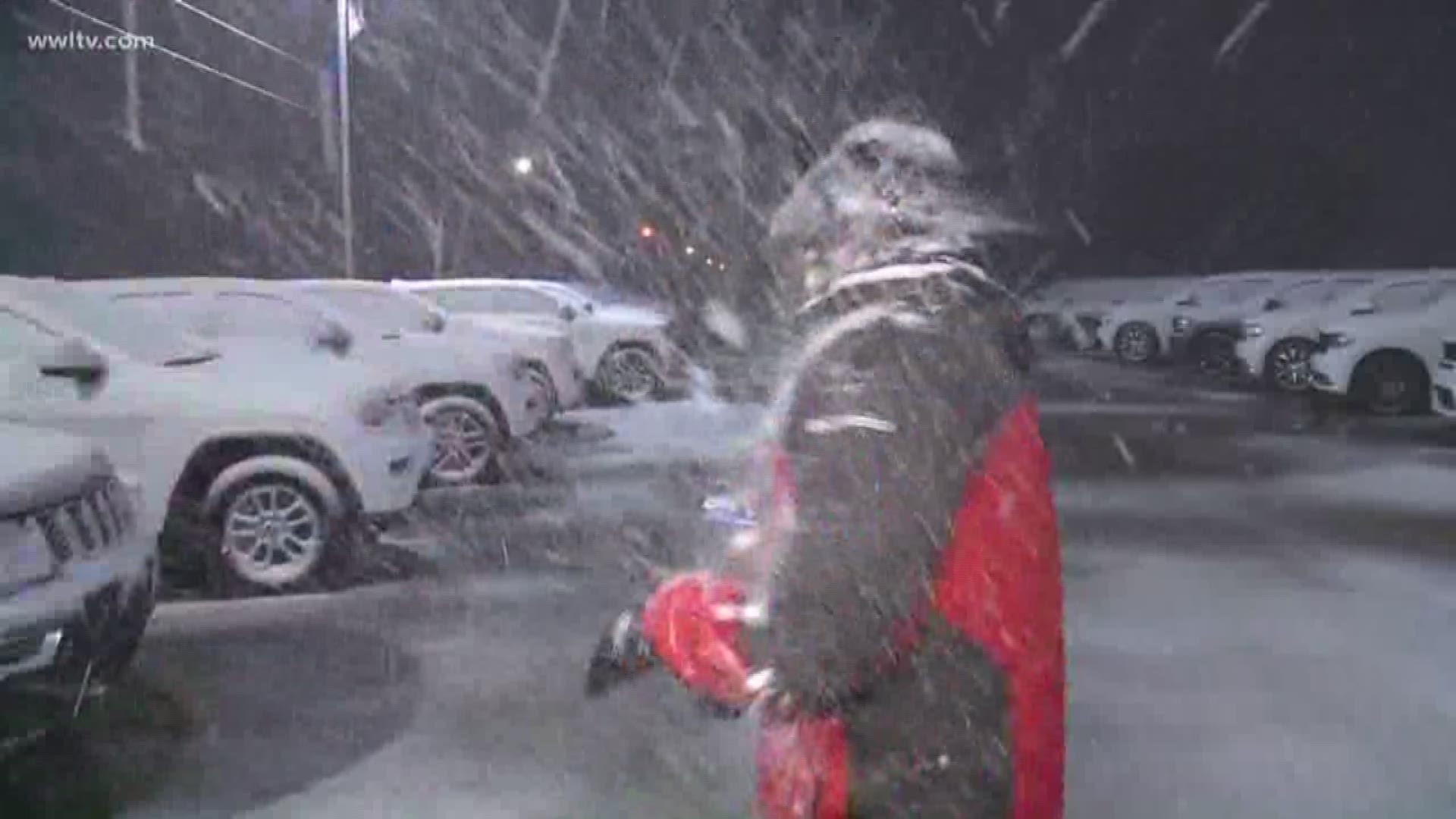 Reporter Duke Carter is getting slammed by snow and snowballs in Hammond.
