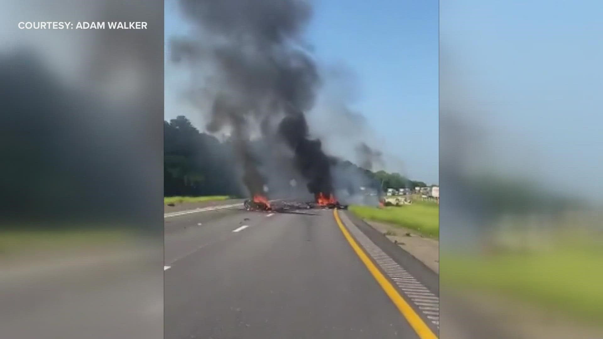 Authorities say a driver of a pickup truck was driving east in the westbound lanes on the interstate before slamming into a group of motorcycles.