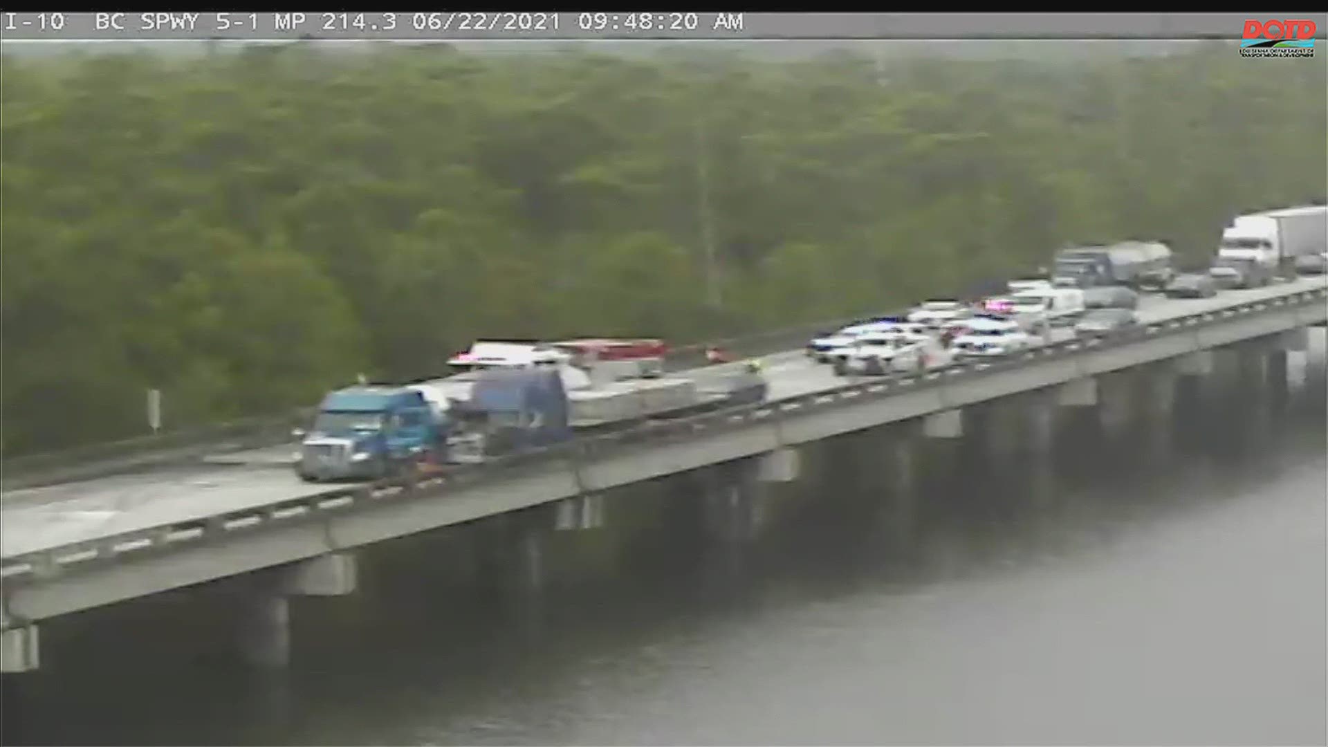 A crash between a couple of 18-wheel trucks closed eastbound I-10 near the spillway Tuesday for several hours.