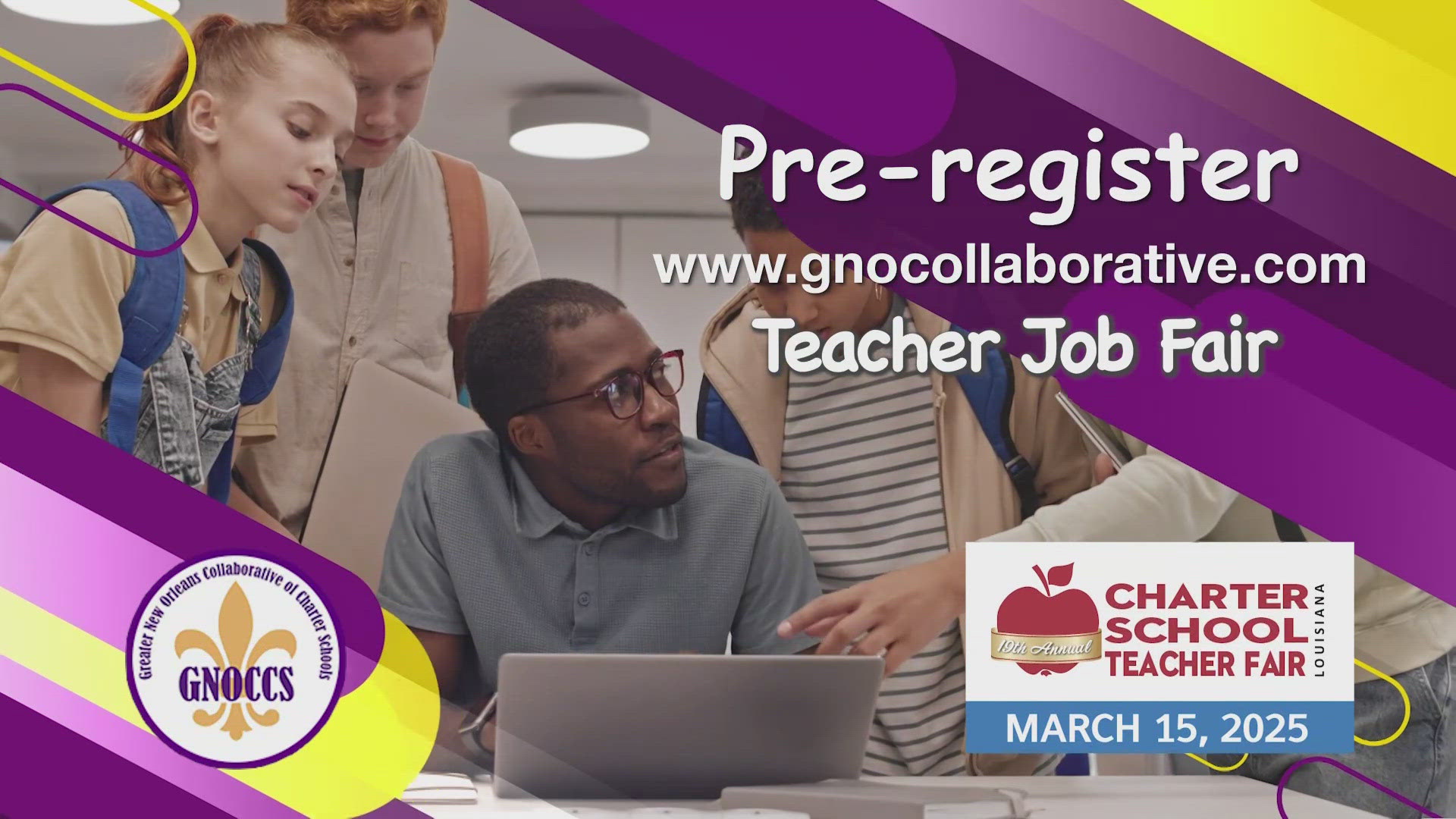 Calling all certified teachers and support staff to Hynes Charter School this Saturday for the the 19th Annual Greater New Orleans Charter School Teacher Fair. 