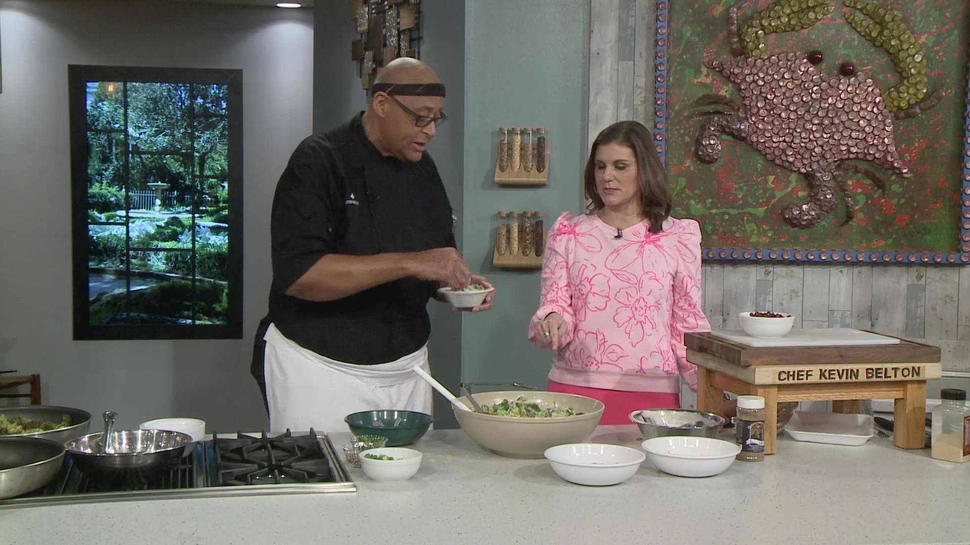 Chef Kevin Belton in the kitchen cooking up Broccoli Buddha Bowl with Beef.