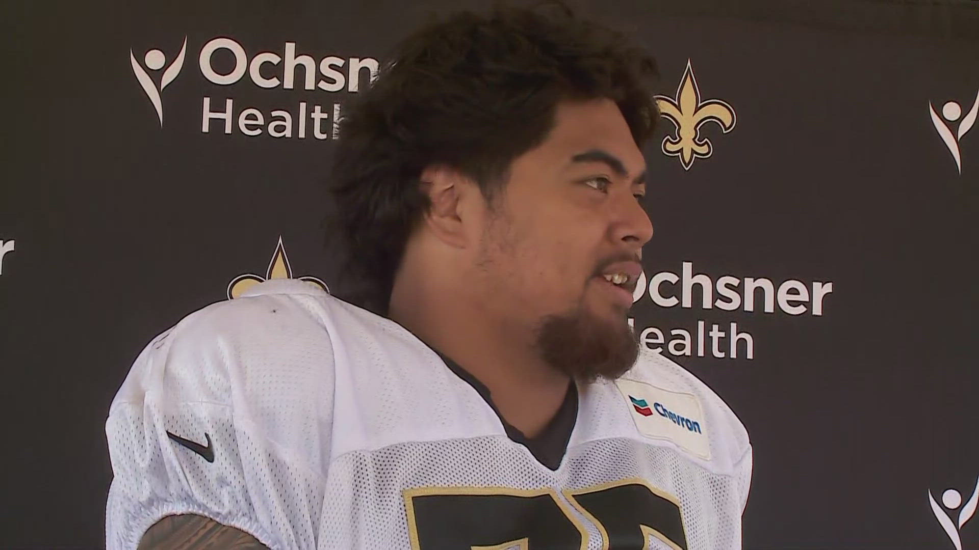 2024 NFL Draft first-round pick Taliese Fuaga talks to media following practice on Day 6 of Saints training camp at UC-Irvine in California on Tuesday, July 30.