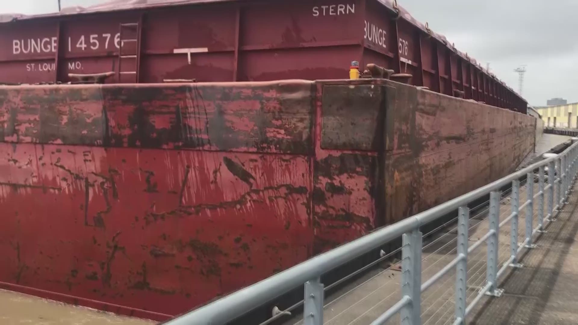 A barge operated by Greenville Barge Construction Corp. collided with a wharf at a popular park in the Marigny on Sunday