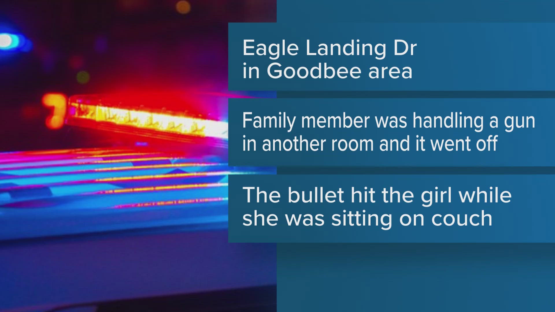 The shooting happened Tuesday night on Eagle Landing Drive in the Goodbee area. The sheriff's office says a family member was handling a gun and it went off.