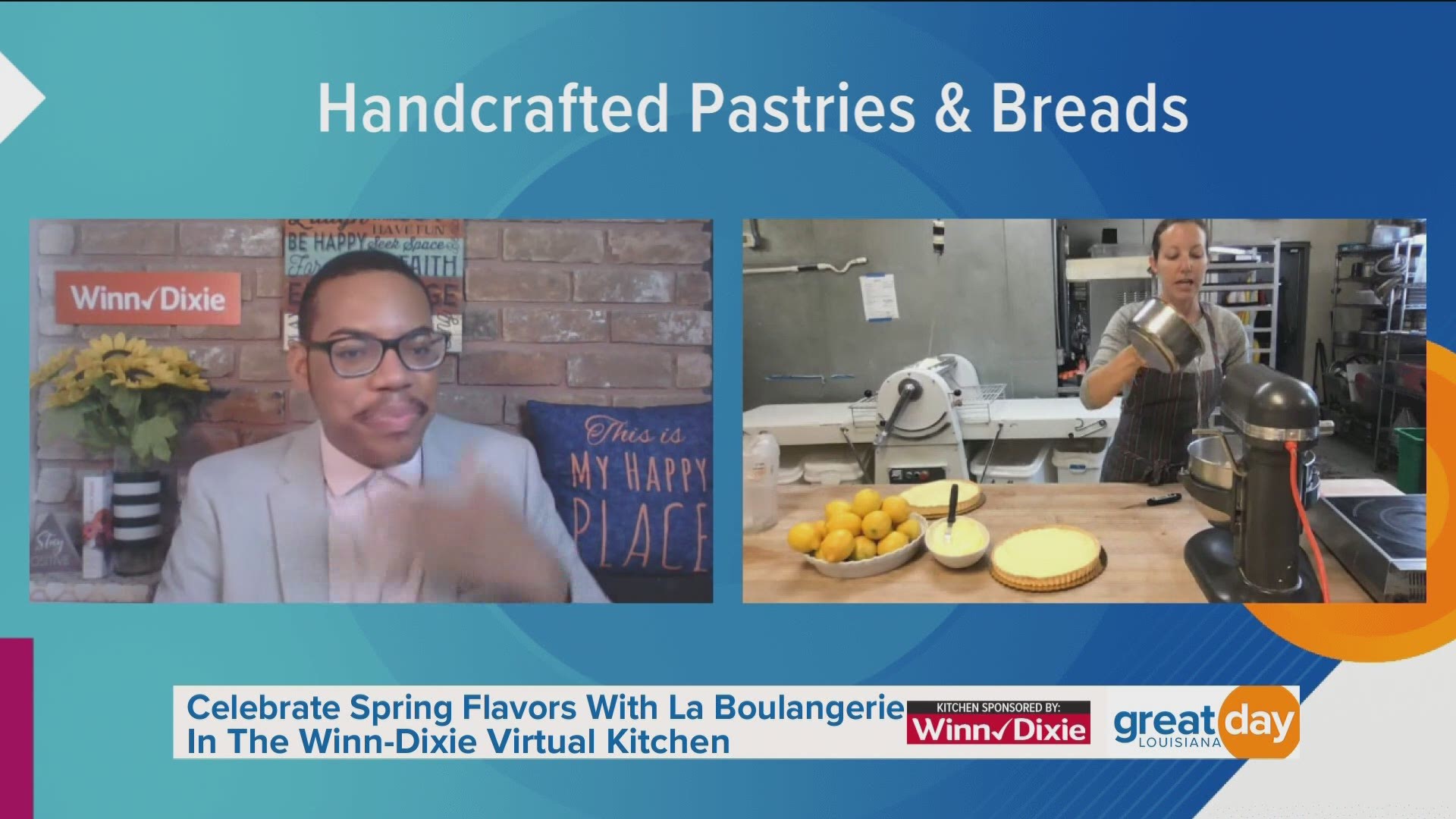 A pastry chef and partner at La Boulangerie prepared a lemon meringue pie in the Winn-Dixie virtual kitchen.