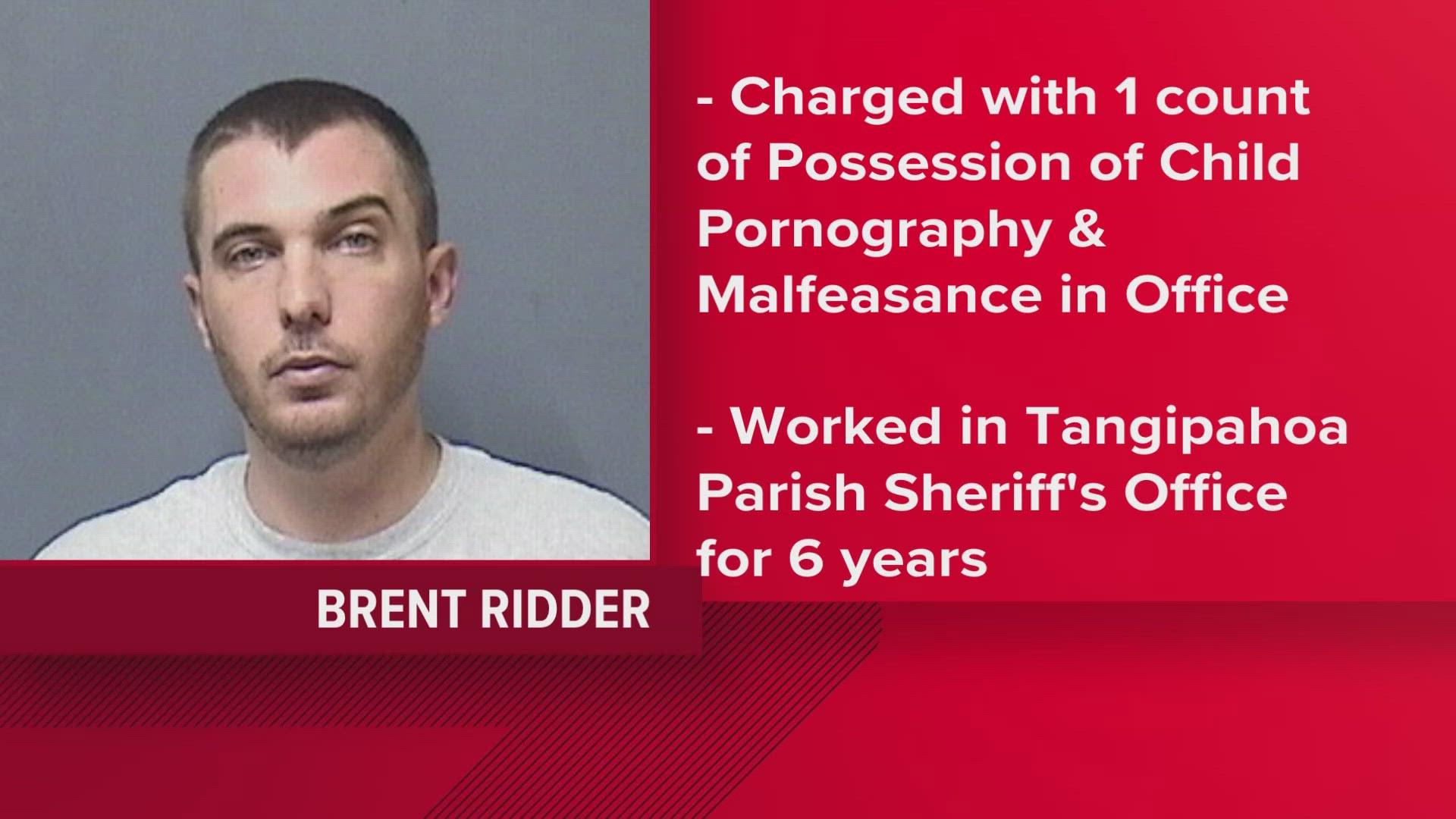 Brent Ridder, 34, of Hammond, was booked on charges of Possession of Child Pornography and Malfeasance in Office.