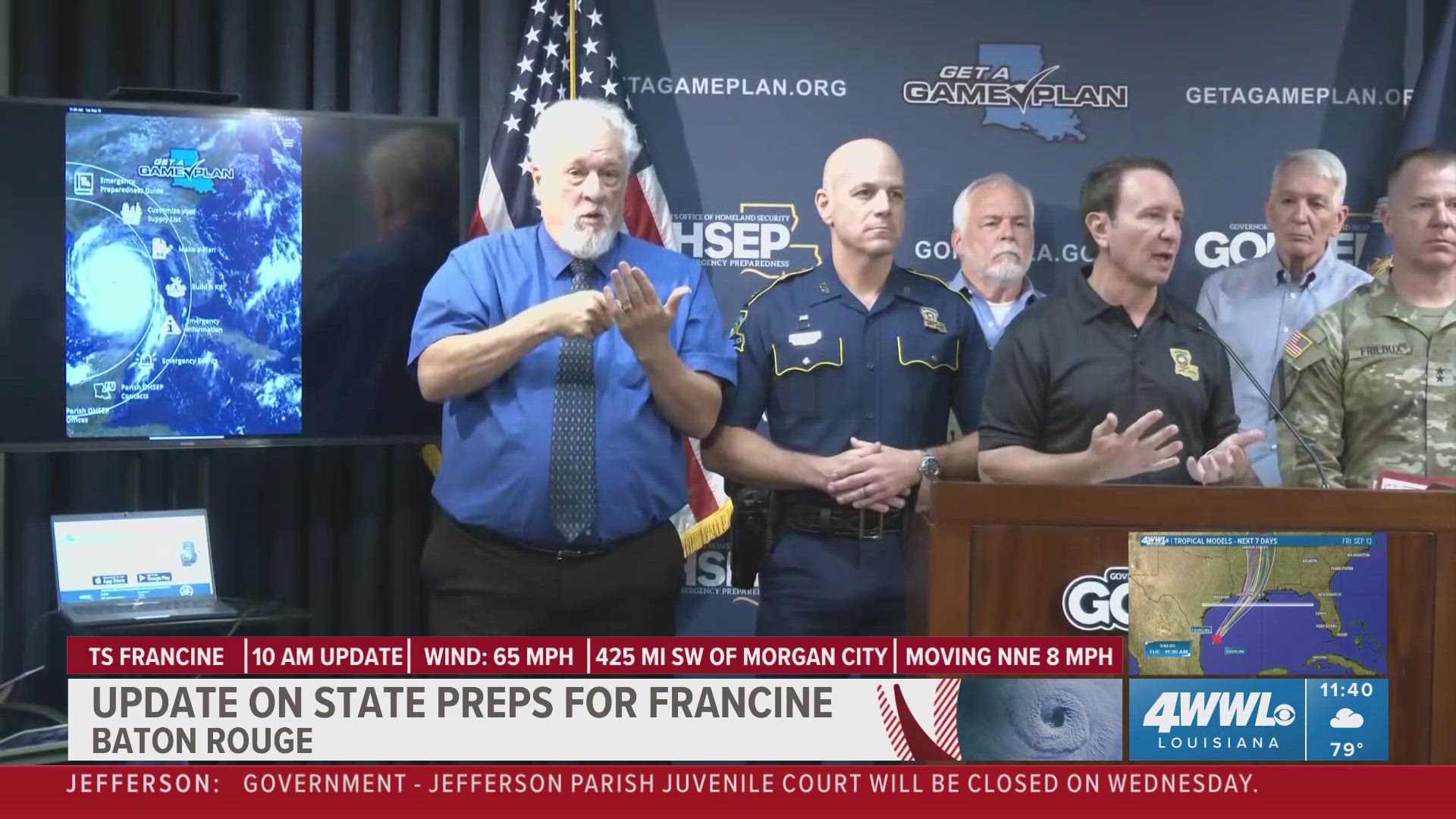 Officials with the Governor’s Office of Homeland Security give an update on how the state is prepared for Tropical Storm Francine.