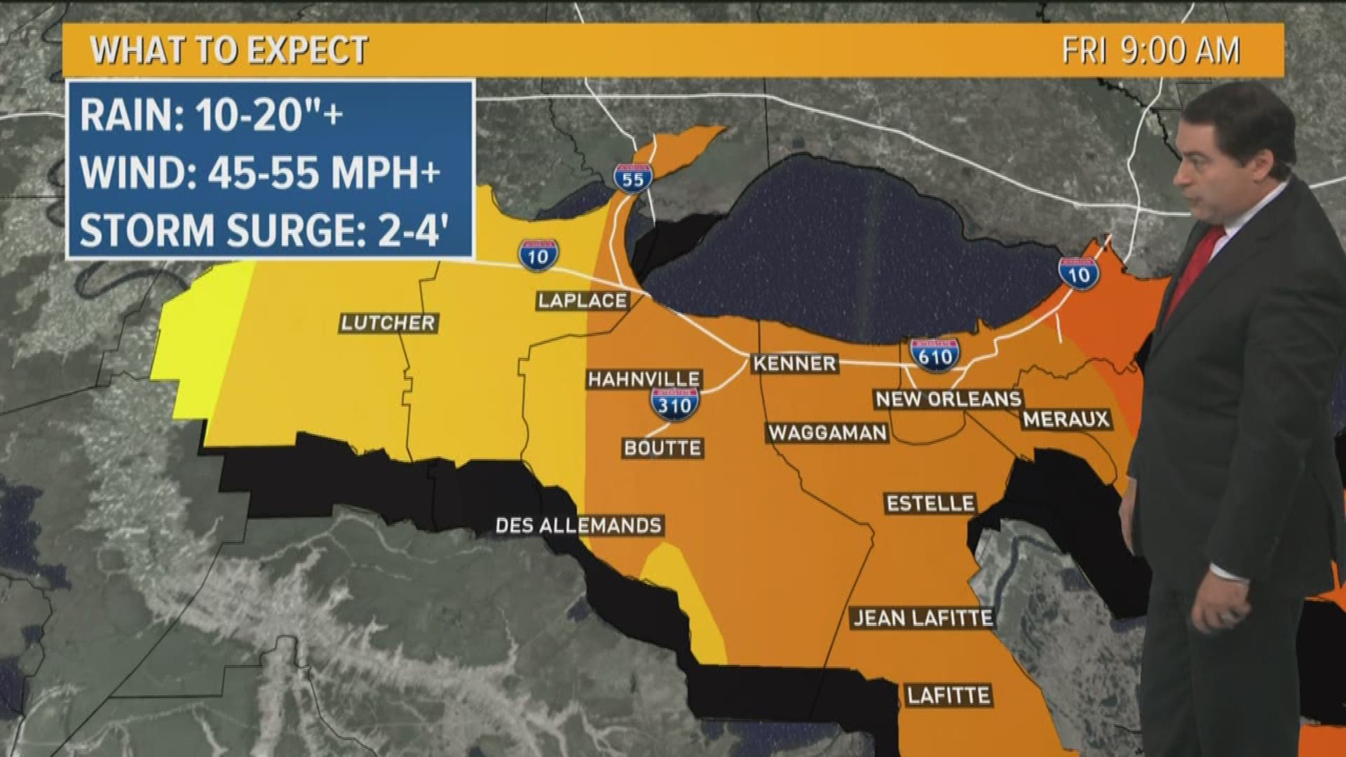 WWL-TV Meteorologist Dave Nussbaum is tracking Tropical Storm Barry as it approaches the Louisiana coast. Live on Channel 4, he broke down what different areas of the New Orleans metro area can expect when the storm makes landfall.