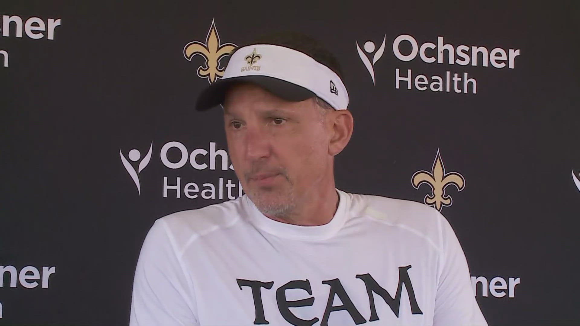 Saints head coach Dennis Allen addresses media post-practice on Day 3 of 2024 training camp at UC-Irvine in California.