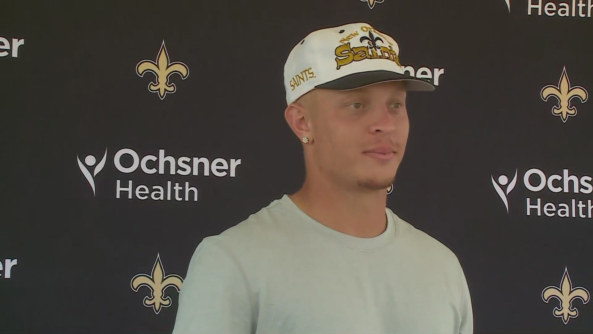 2024 rookie quarterback Spencer Rattler talks with media following practice on Day 11 of the 2024 Saints training camp at UC-Irvine in California on Monday, Aug. 5.