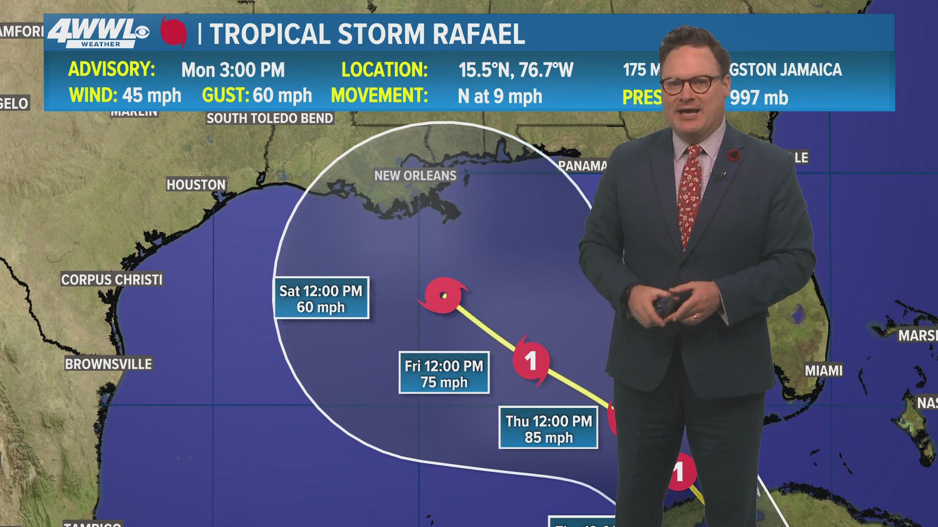 WWL Louisiana Chief Meteorologist with a first look at recently upgraded Tropical Storm Rafael on News at 5PM on Monday, Nov. 4, 2024.