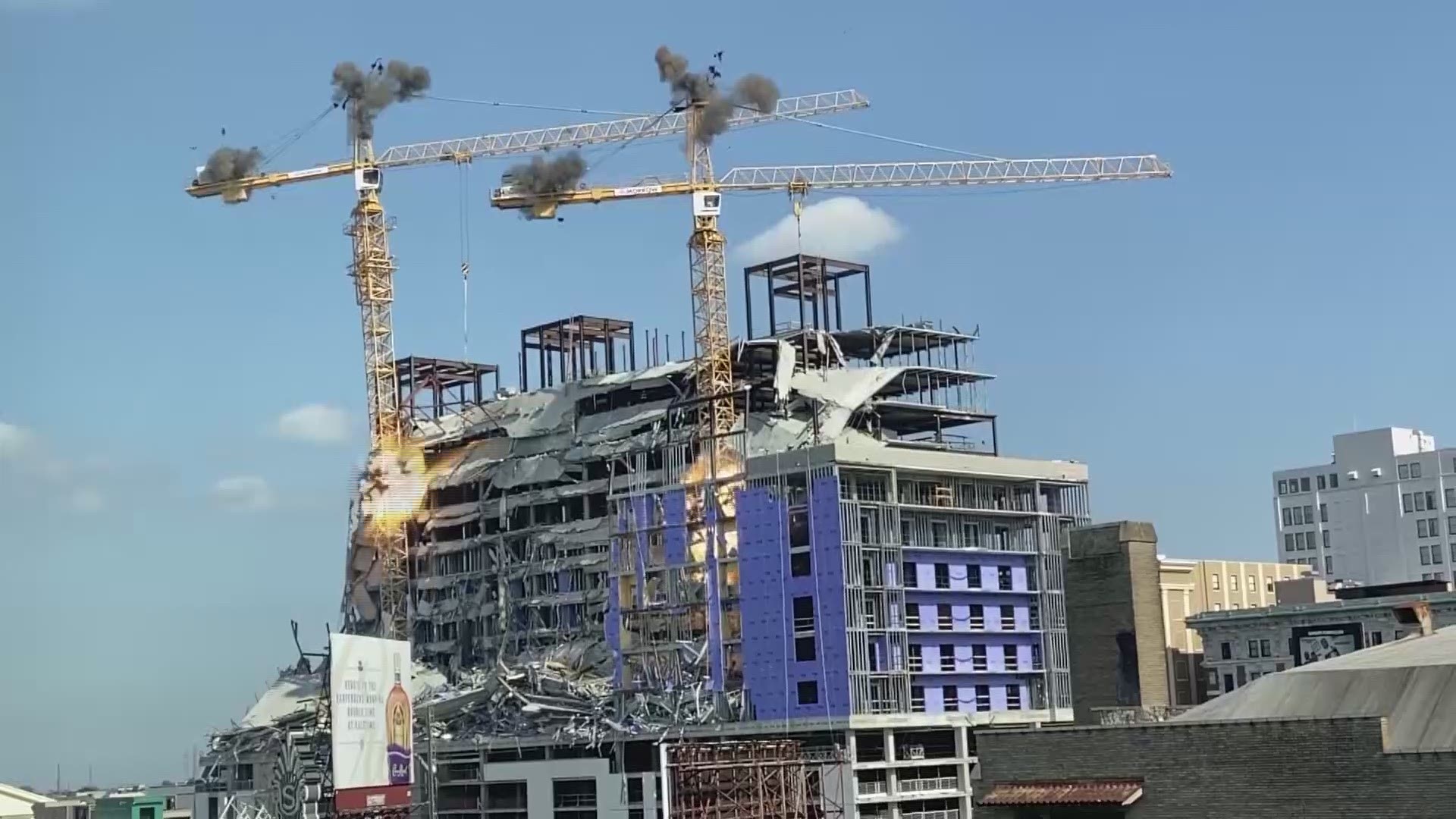 Slow motion video captures the details of the Hard Rock Hotel collapse site crane demolition in New Orleans on Sunday, Oct. 20.