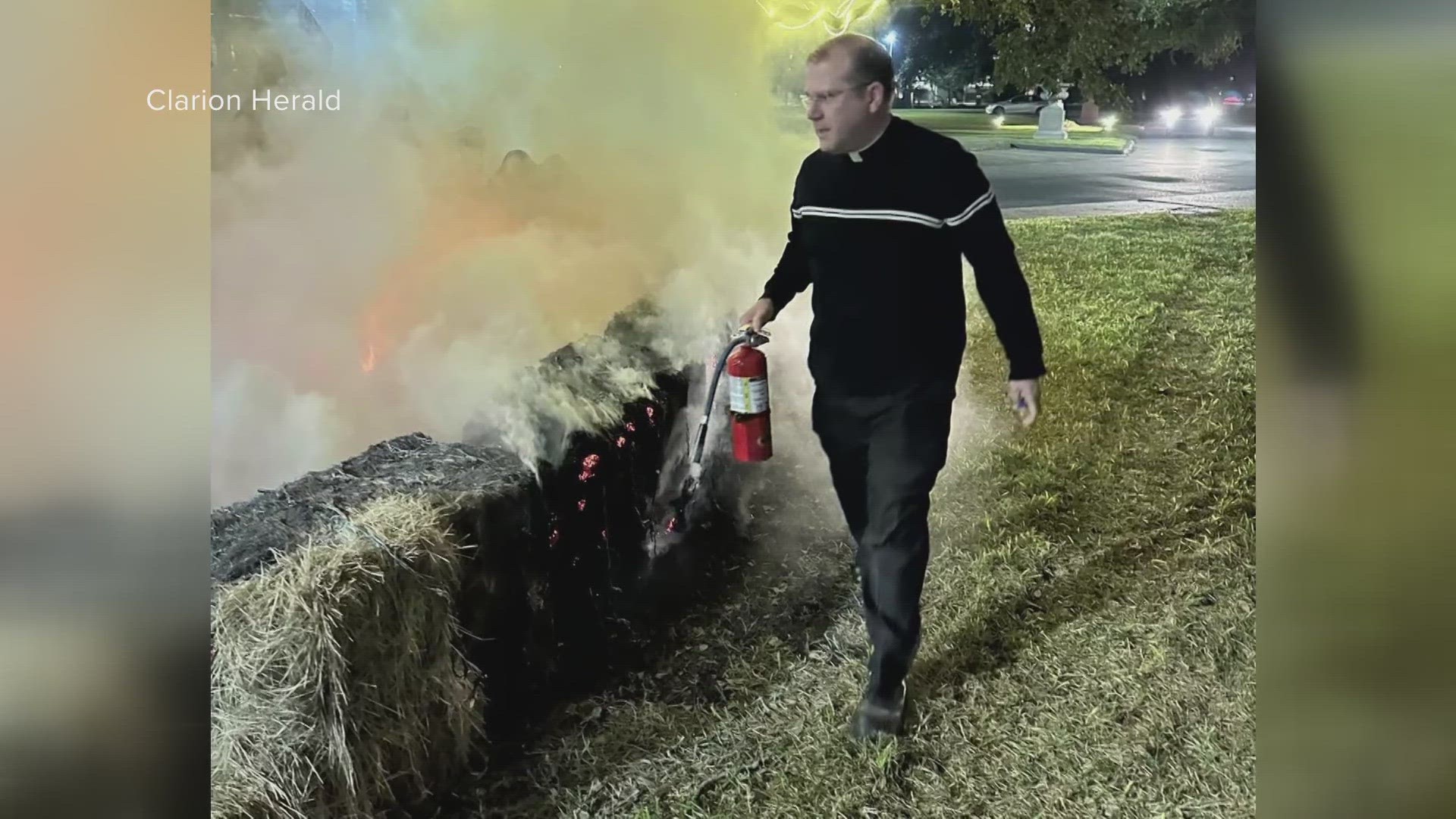 The fire, which seemed limited to the bales of hay around the display, was extinguished fairly quickly and may have started from a spark from the lights.