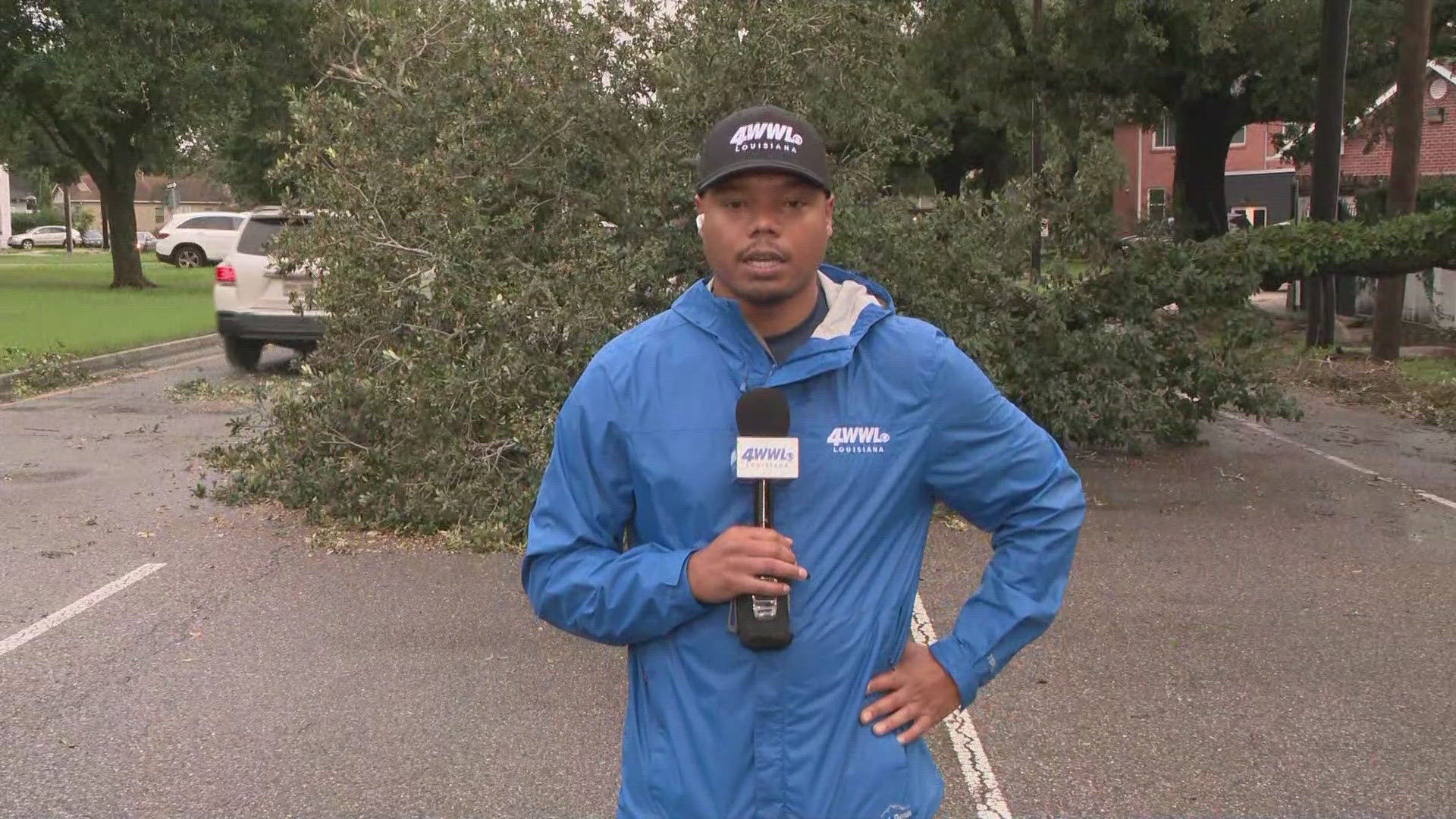 WWL Louisiana's Winston Reed reporting on traffic conditions near Claiborne Ave  following Hurricane Francine in New Orleans on Thursday, Sept. 12.