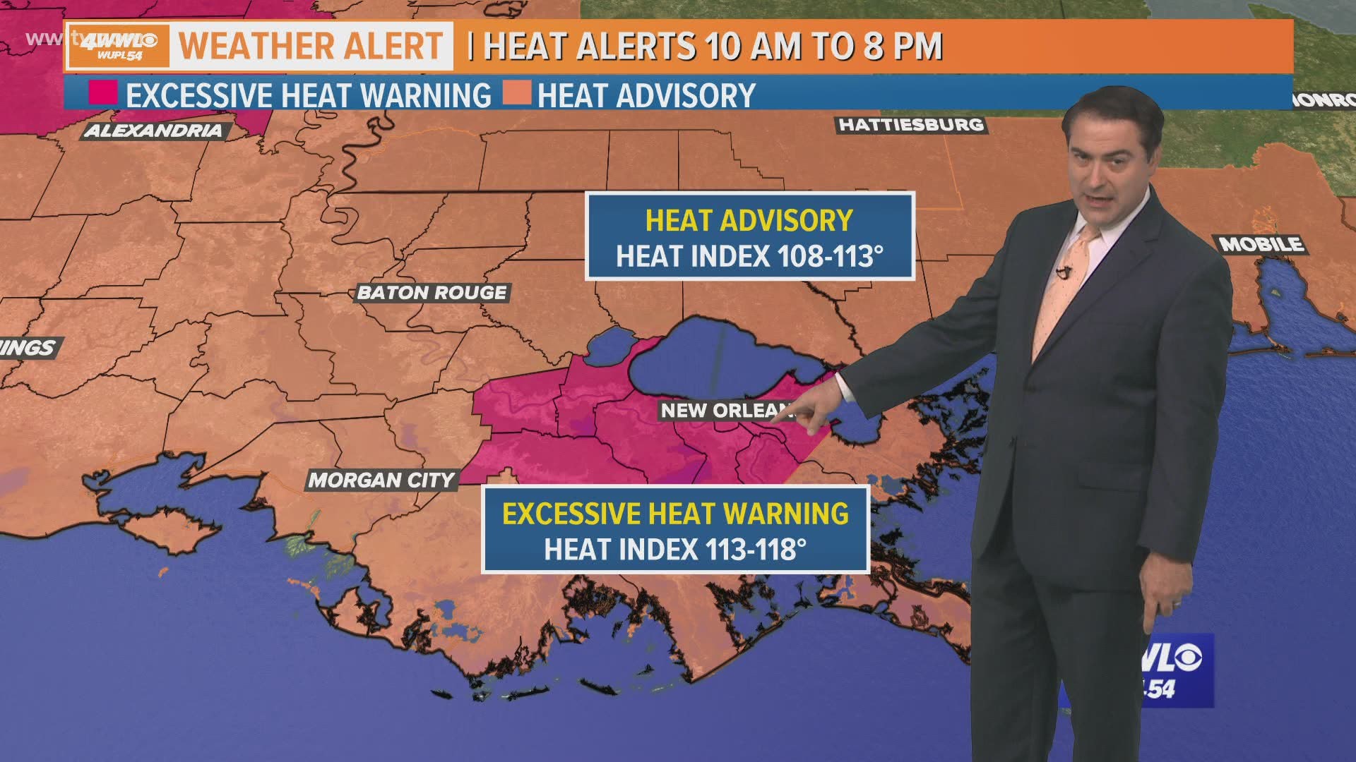 Meteorologist Dave Nussbaum says there area more heat alerts today with the heat index of 108-118°. Expect a little better chance for daily storms and more heat.