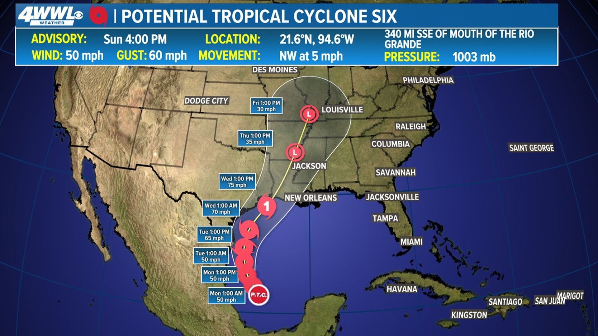 PTC 6 forms in the southern Gulf, forecast to become a hurricane before landfall around Wednesday