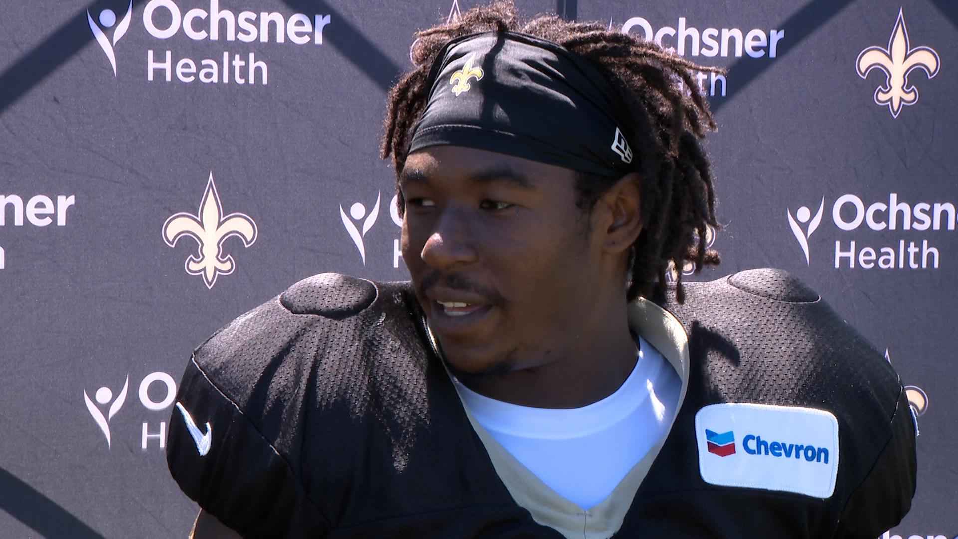 Running back Jamaal Williams talks with media following practice on Day 9 of 2024 Saints training camp on Saturday, Aug. 3.