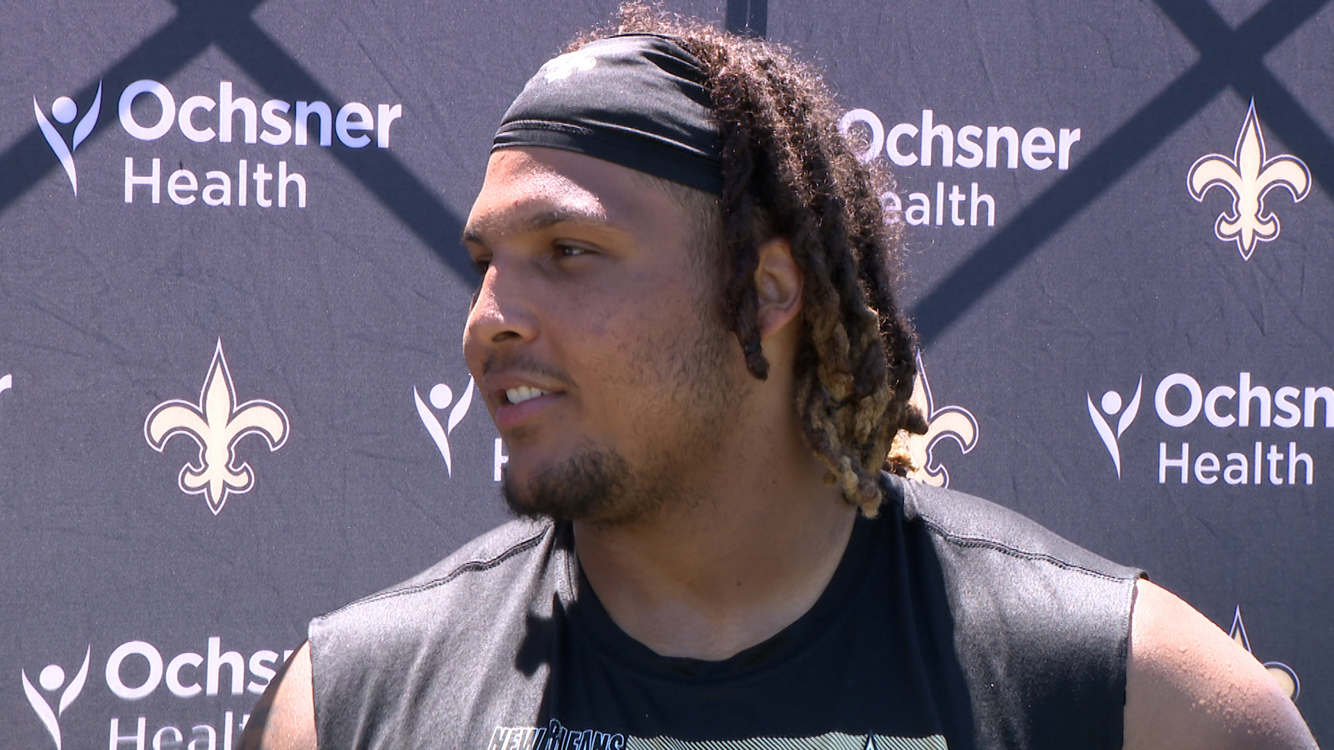 Saints rookie defensive tackle Khristian Boyd talks with media following practice on Day 9 of the 2024 Saints training camp in California on Saturday, Aug. 3.