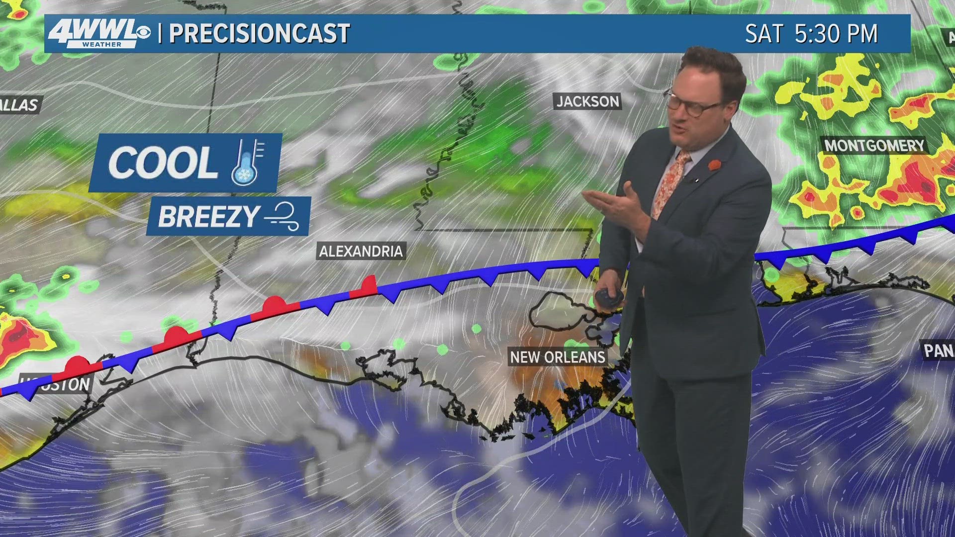 Chief Meteorologist says Saturday will be mostly cloudy, rainstorms expected Sunday and a cold front moves in.
