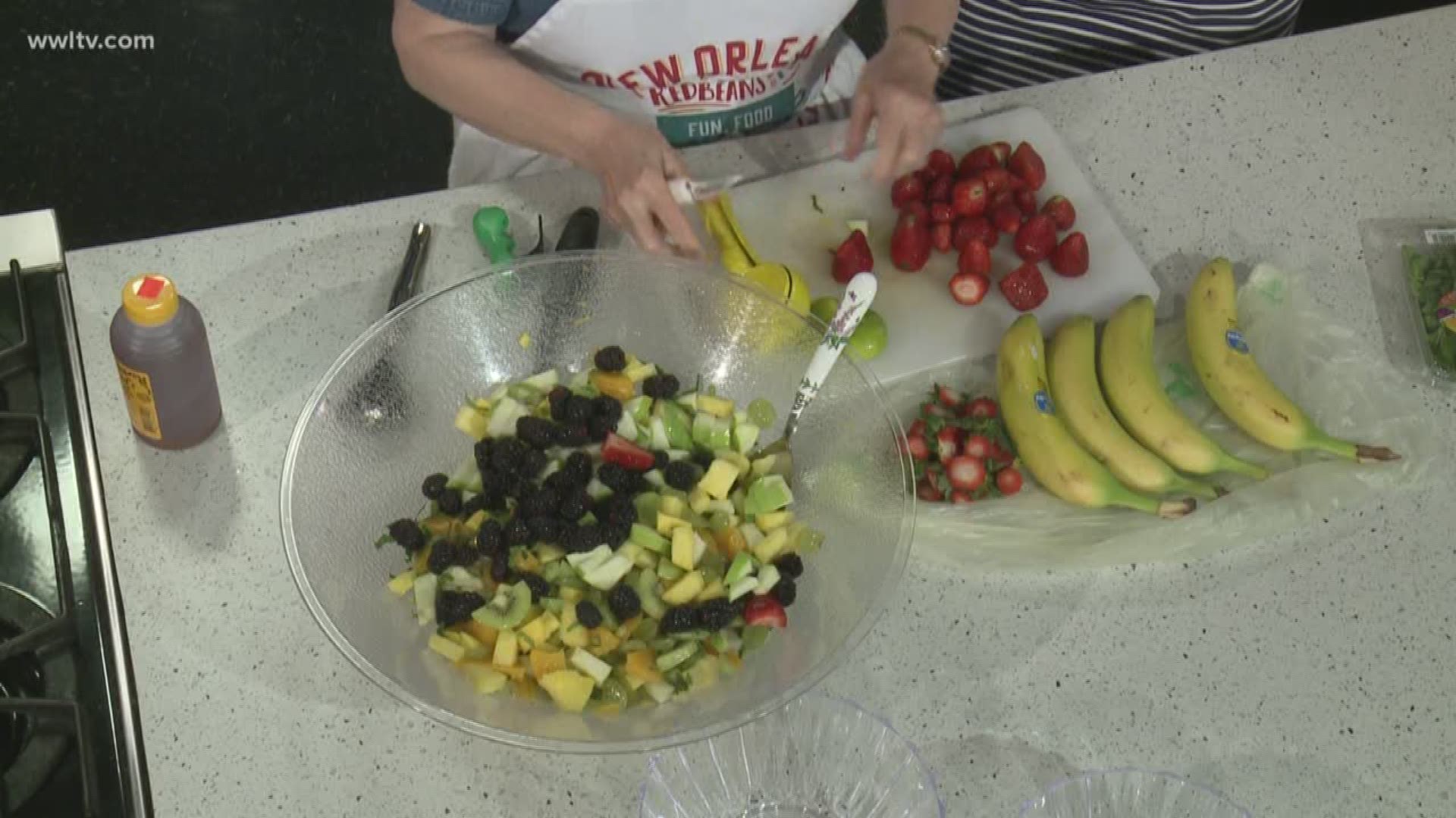 We have NOLA Grandma Harriot Robin in the kitchen with a delicious Spring time fruit salad.
