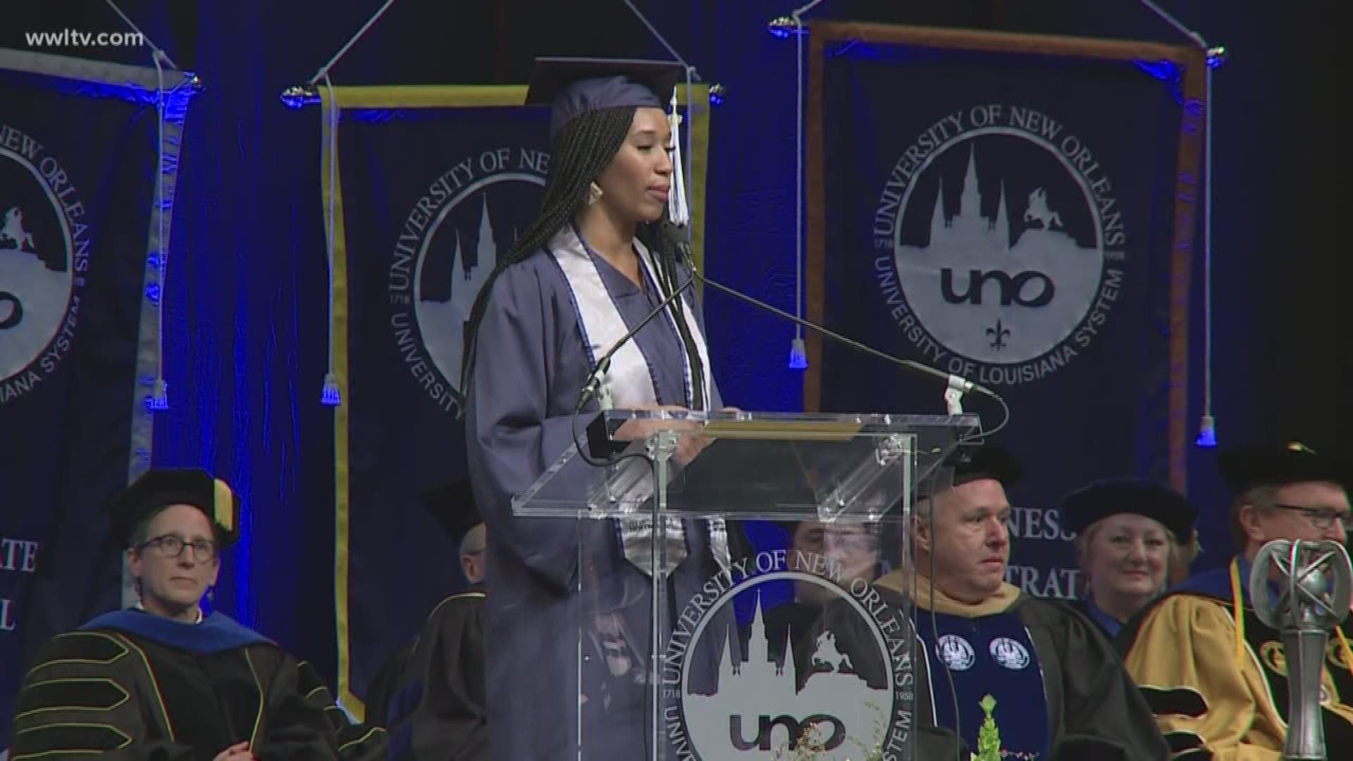 Eyewitness Morning News anchor Sheba Turk addresses the Class of 2019 at the University of New Orleans.