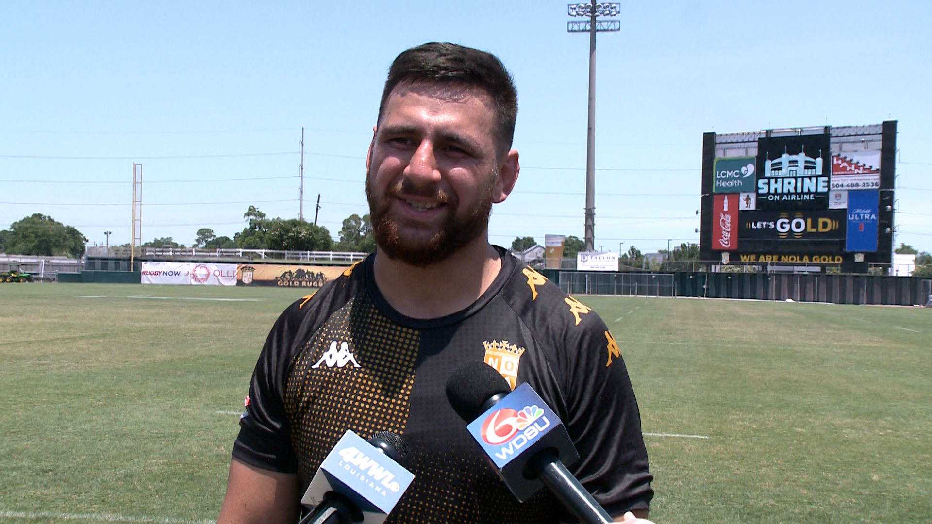 NOLA Gold 'Man of the Match' Jonah Mau'u (AUS) talks to media following practice at the Gold Mine on Airline, Thursday, May 16, 2024.