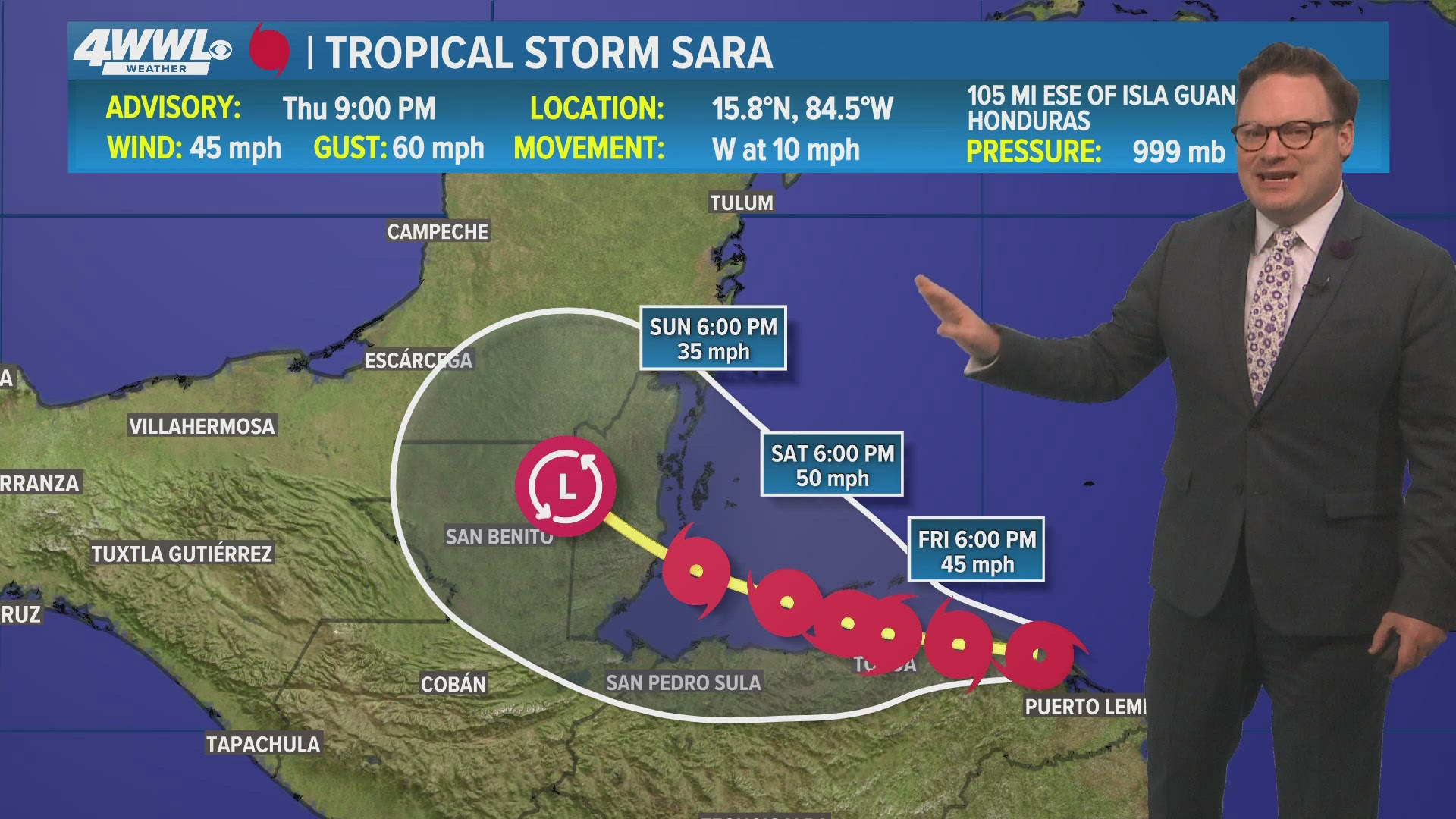 Chief Meteorologist Chris Franklin says Tropical Storm Sara likely to dissipate this weekend on Sunday as it starts to move into the Yucatán.