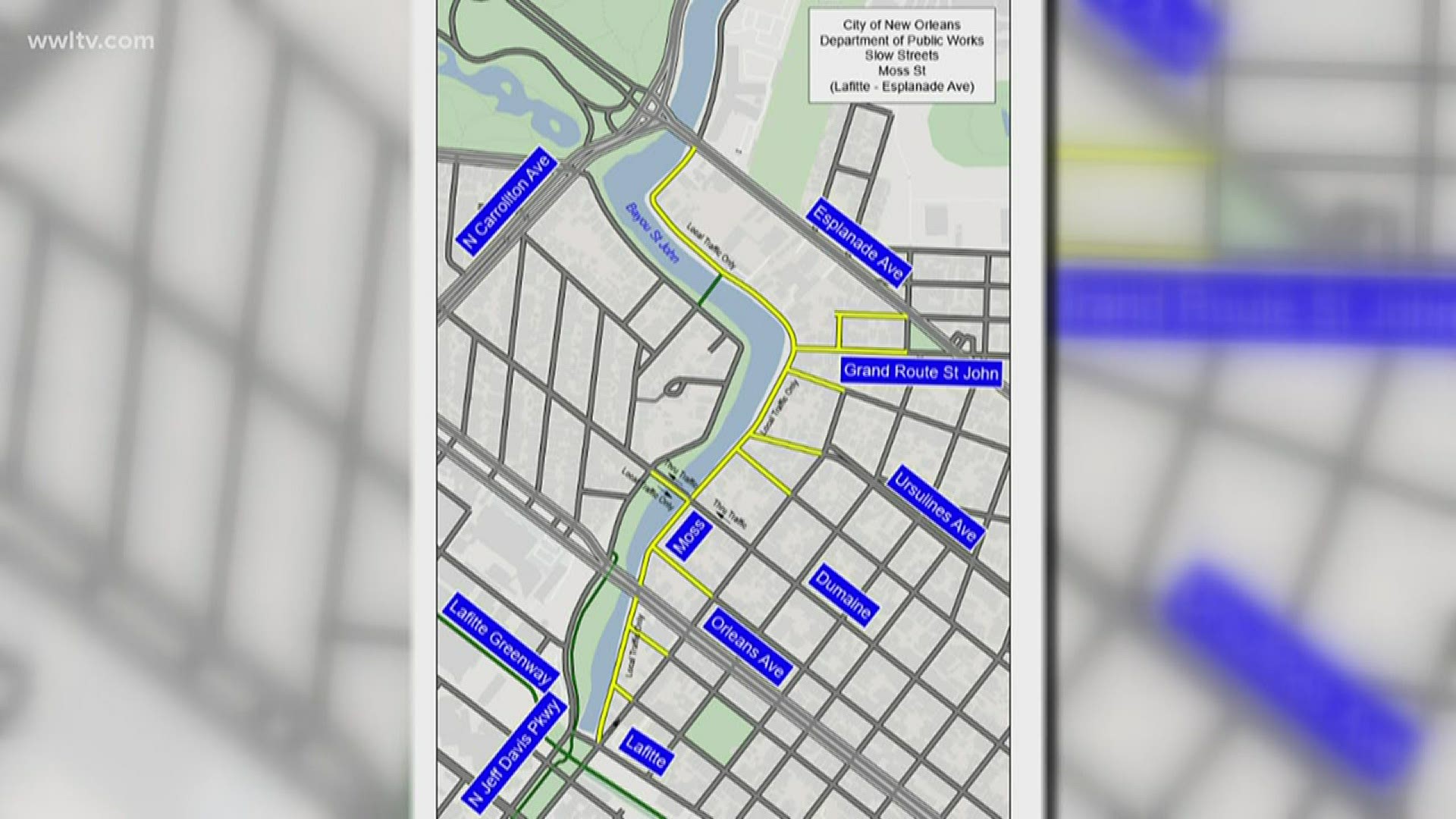 The traffic modifications will be put in place to limit access to the downtown side of Moss Street between Lafitte Avenue and Esplanade Avenue along Bayou St. John.
