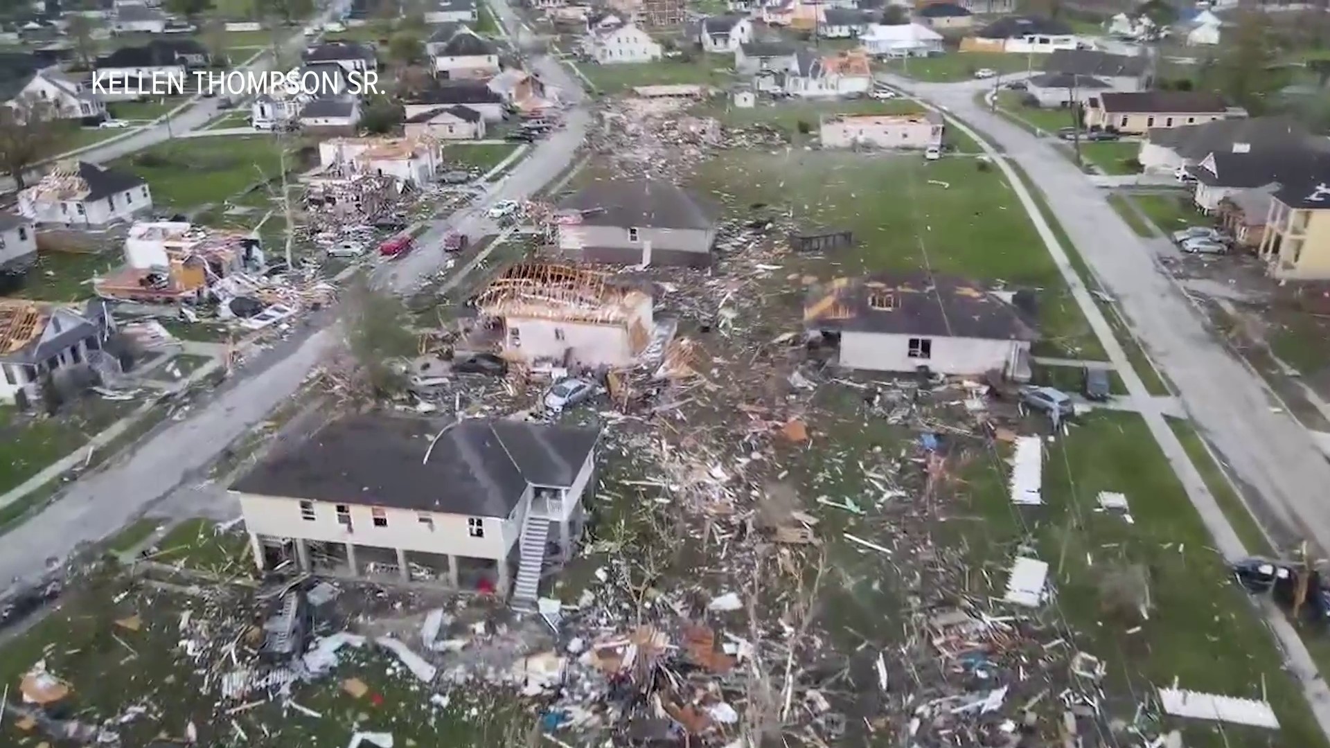 The drone video shows what is a typical tornado hopscotching pattern with some homes being completely gone, some with holes in rooftops and some homes passed by.