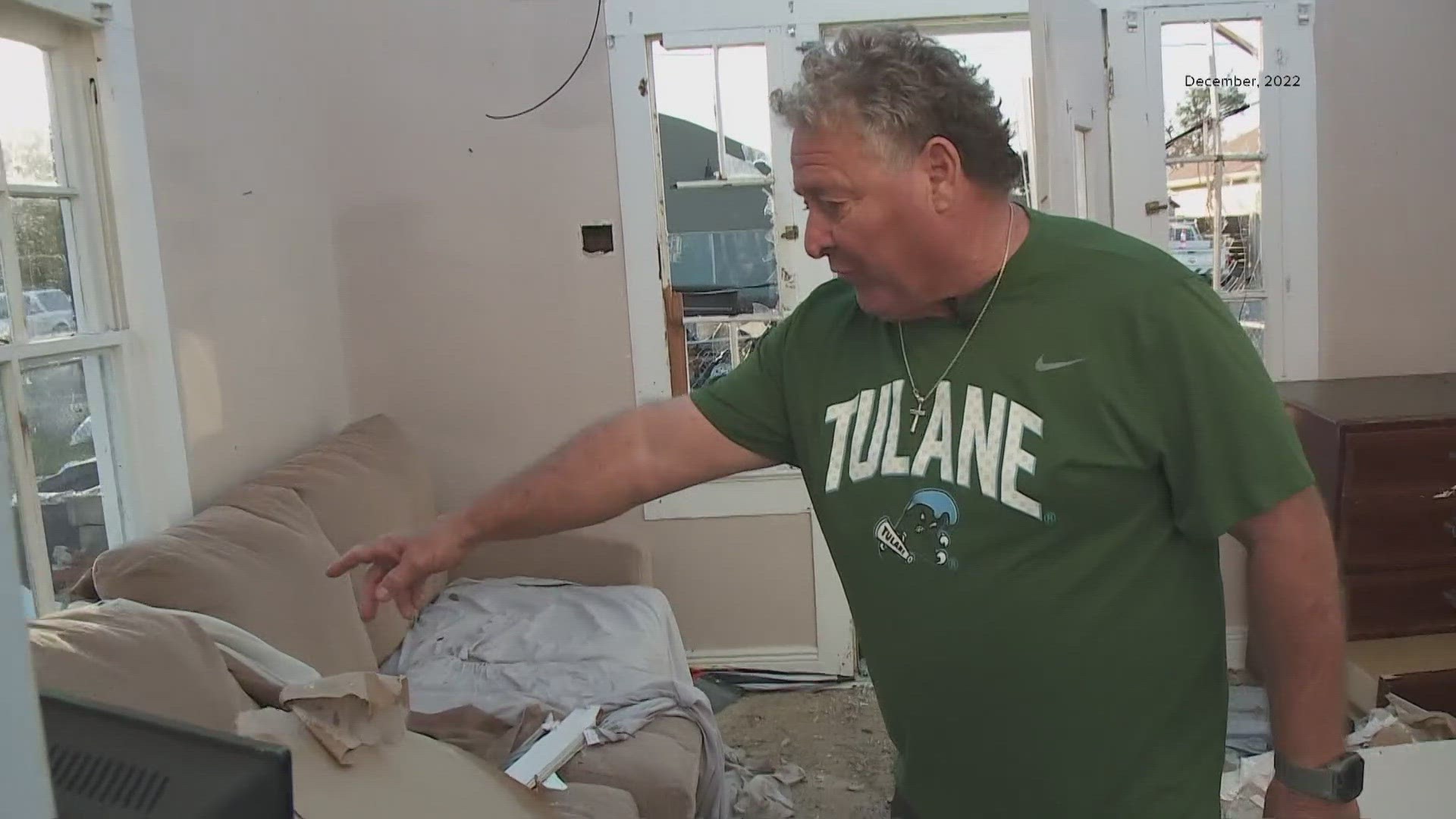 Trent Theriot's home was destroyed during the 2022 tornado. Eleanor Tabone interviewed him after the storm passed, a year later she caught up with him.