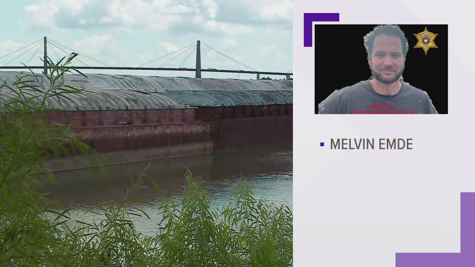 Sheriff's office says the man's family reported him missing after he was seen going overboard while kayaking in the Mississippi River near Hahnville.