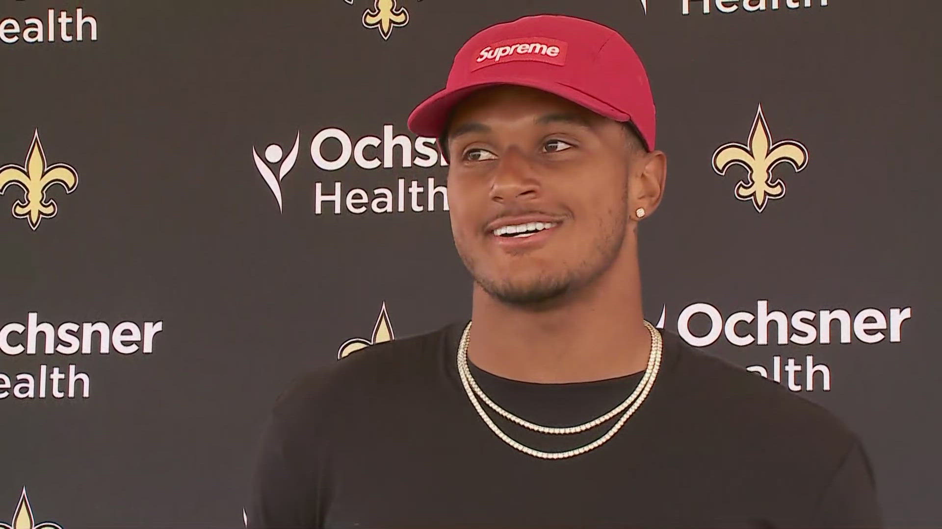 Saints defensive back Alontae Taylor talks with media on Day 8 of the team's 2024 training camp at UC-Irvine in California on Friday, Aug. 2.