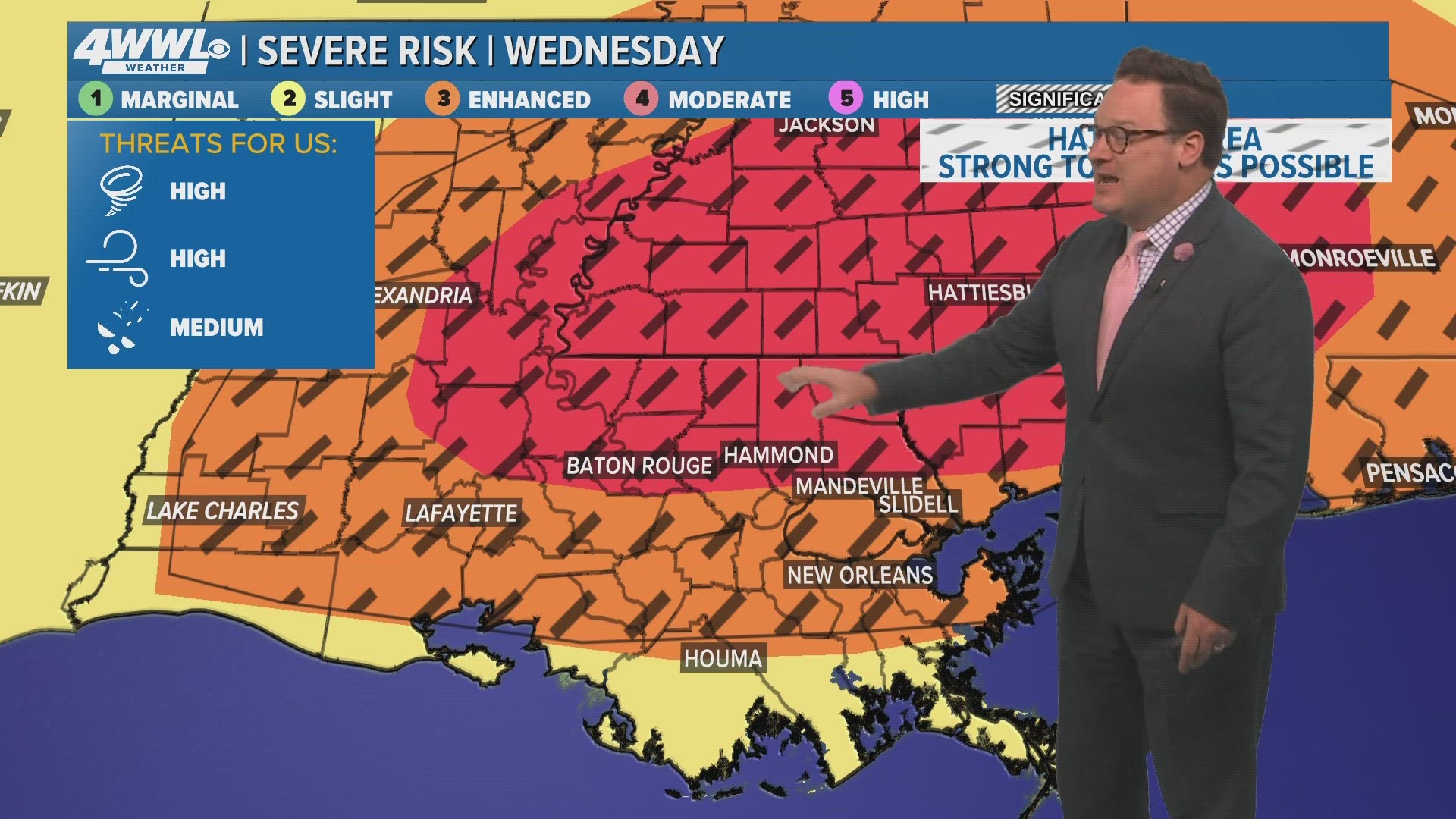 WWL Louisiana's complete coverage of the risk of severe weather that has been upgraded to levels 3 and 4 across the New Orleans area for Wednesday.