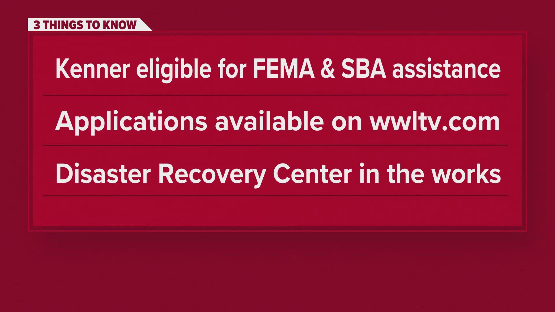 The City of Kenner announced that its residents and businesses can now apply for Federal Disaster Assistance in their recovery from Hurricane Francine.