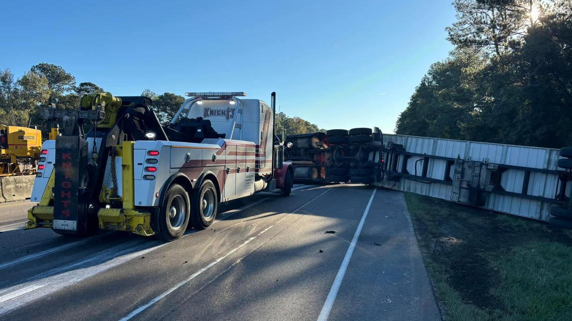 Overturned 18-wheeler leaking a ‘powder’ causing major delays on I-12 ...