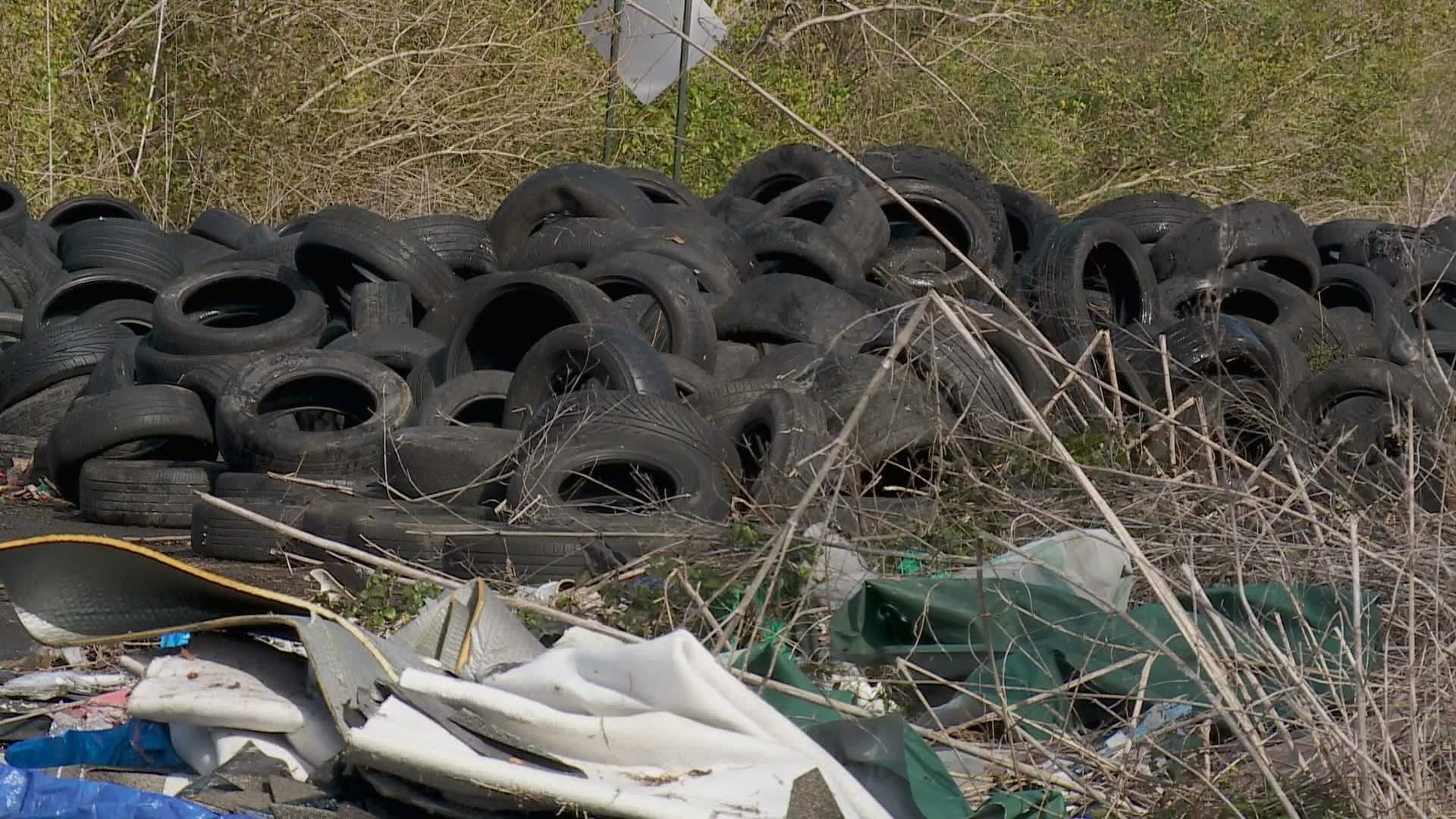 The cleaning efforts have started at the illegal dumping where hundreds of tires have been left over time.