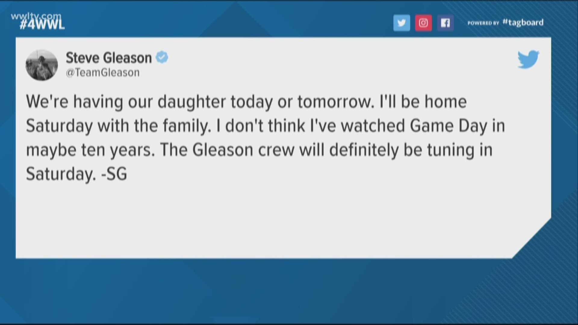 Gleason tweeted that his daughter will be born either Monday or Tuesday. 